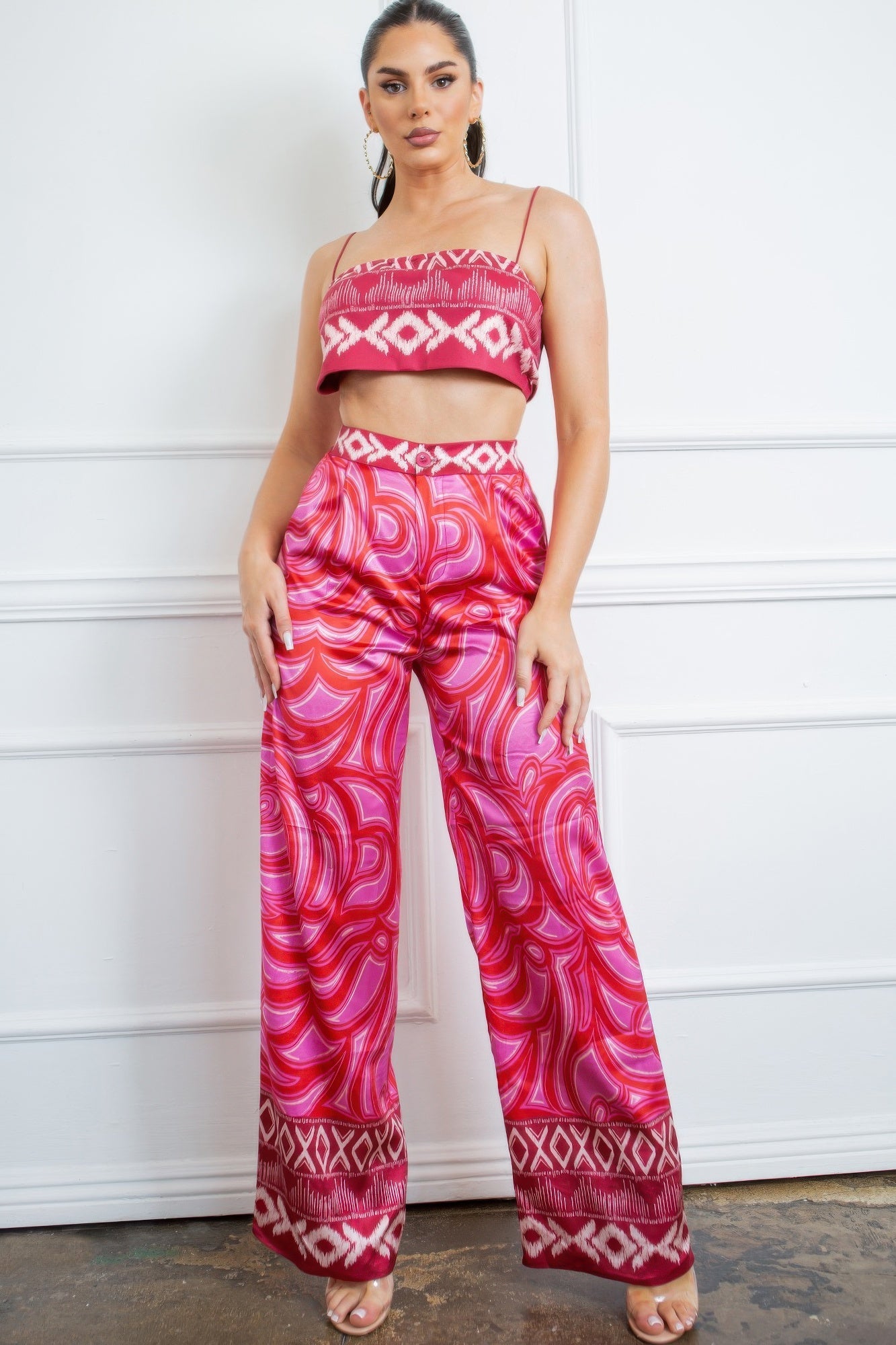 Cherry Luxe Satin Bandeau & Wide Leg Pant Set
