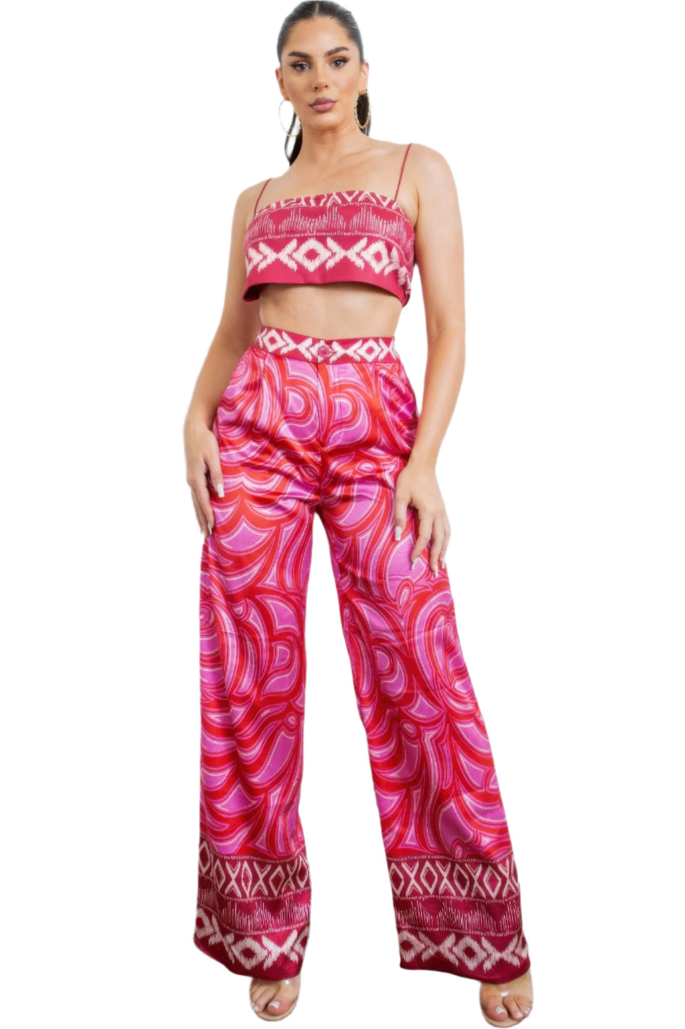 Cherry Luxe Satin Bandeau & Wide Leg Pant Set