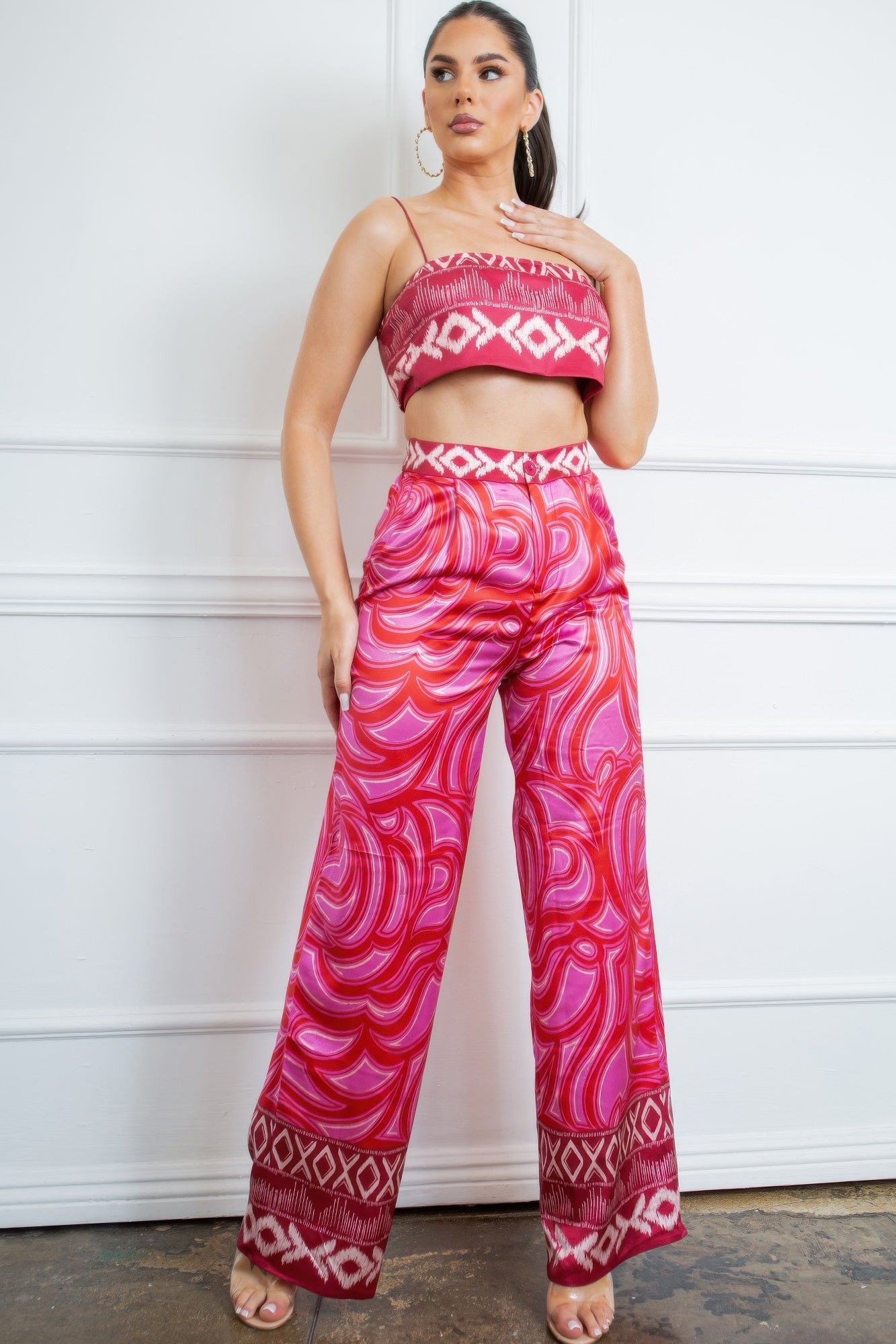 Cherry Luxe Satin Bandeau & Wide Leg Pant Set