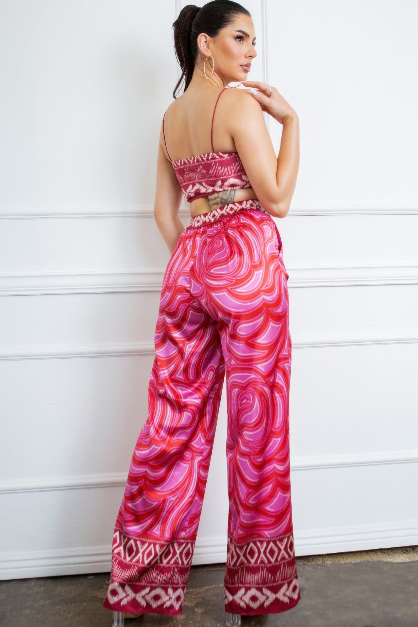 Cherry Luxe Satin Bandeau & Wide Leg Pant Set