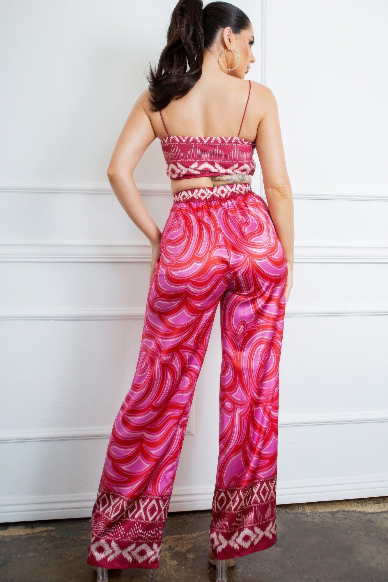 Cherry Luxe Satin Bandeau & Wide Leg Pant Set