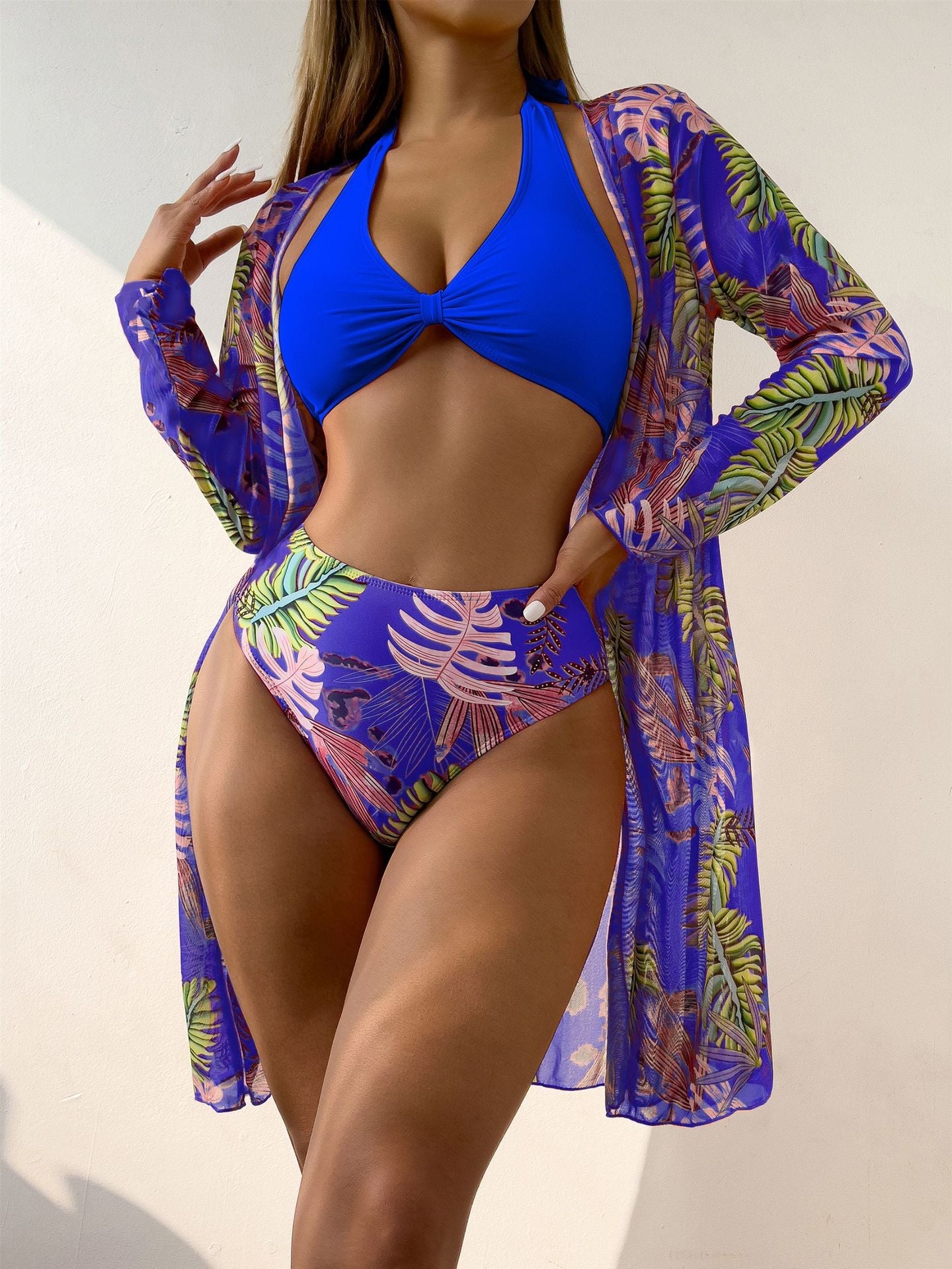 Bikini Women Split Three Piece Long Sleeve Shawl Blouse Swimsuit