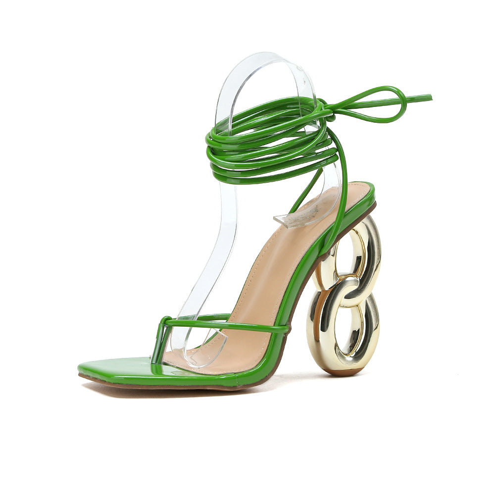 All Match Square Toe Elegant Sexy Flip Toe Profiled Heel Lace up High Heeled Sandals Women Summer