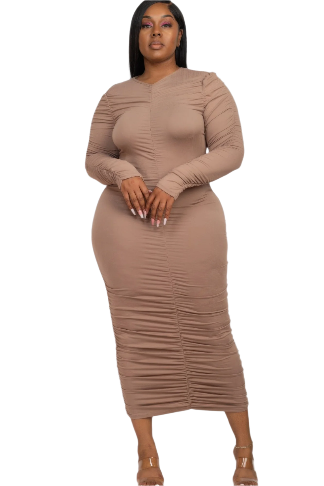Plus Size Ruched Long Sleeve Midi Dress