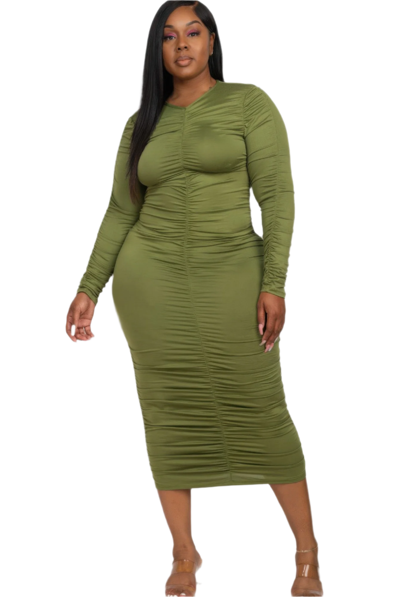 Plus Size Ruched Long Sleeve Midi Dress