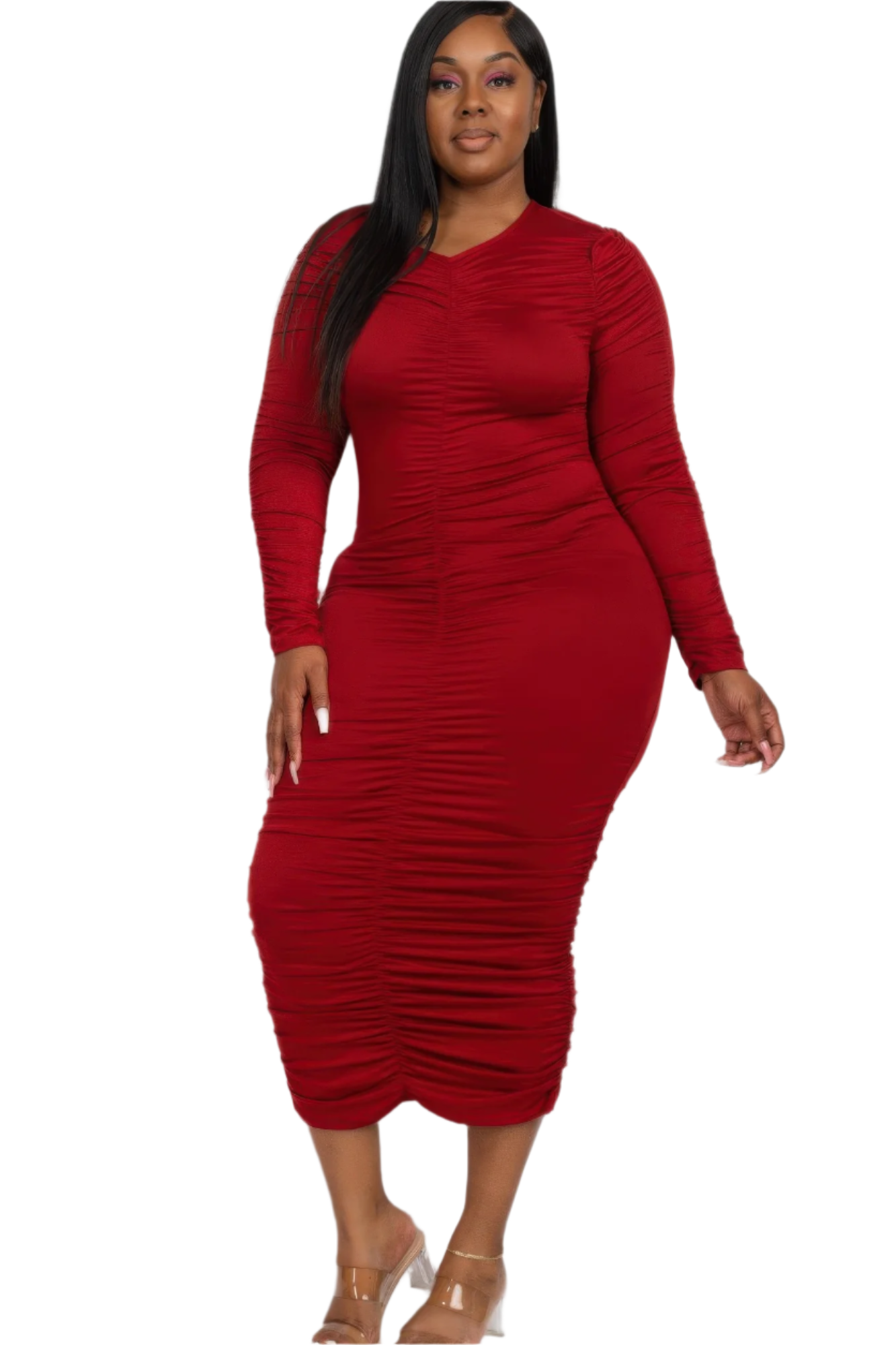Plus Size Ruched Long Sleeve Midi Dress
