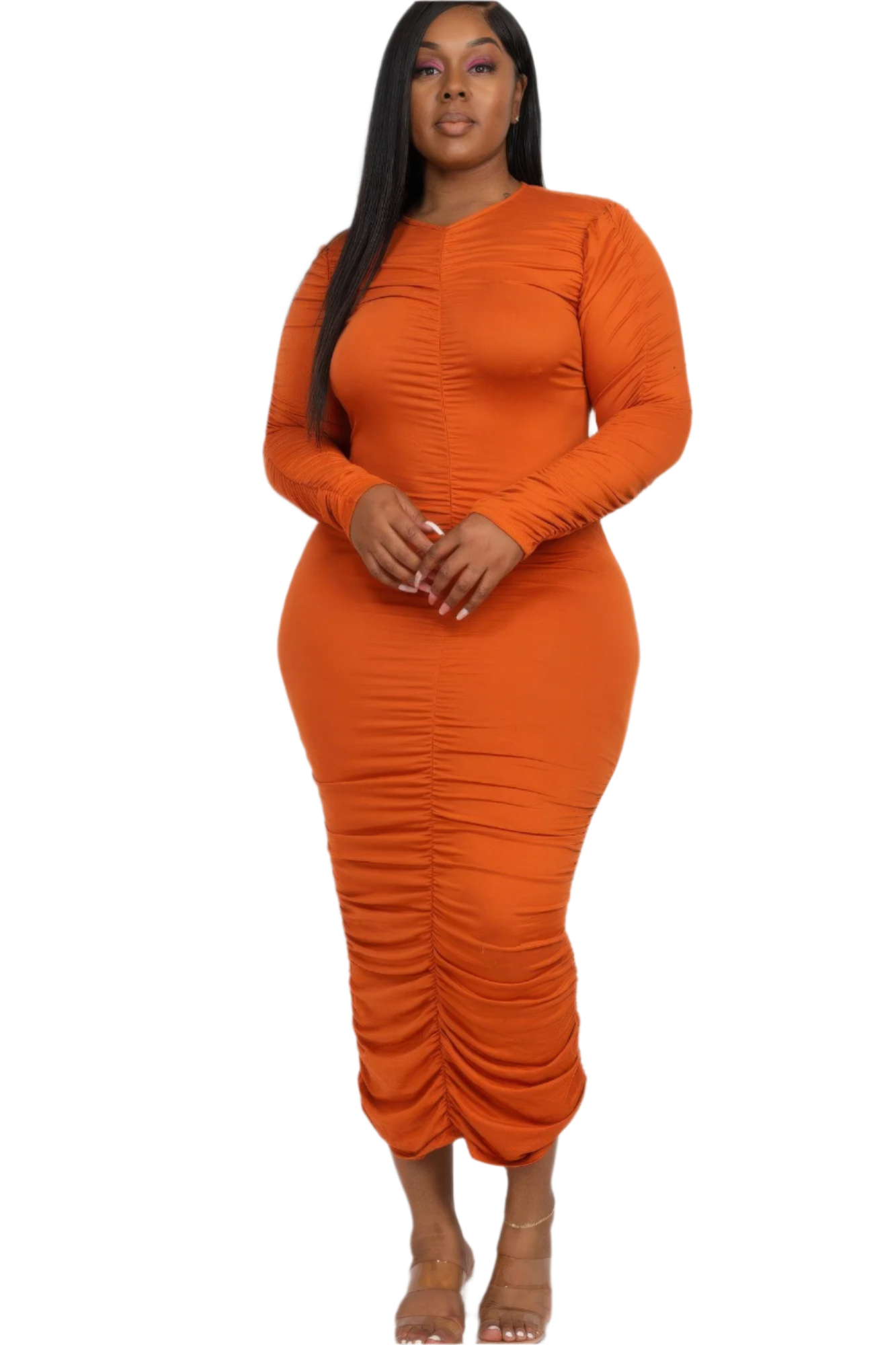Plus Size Ruched Long Sleeve Midi Dress