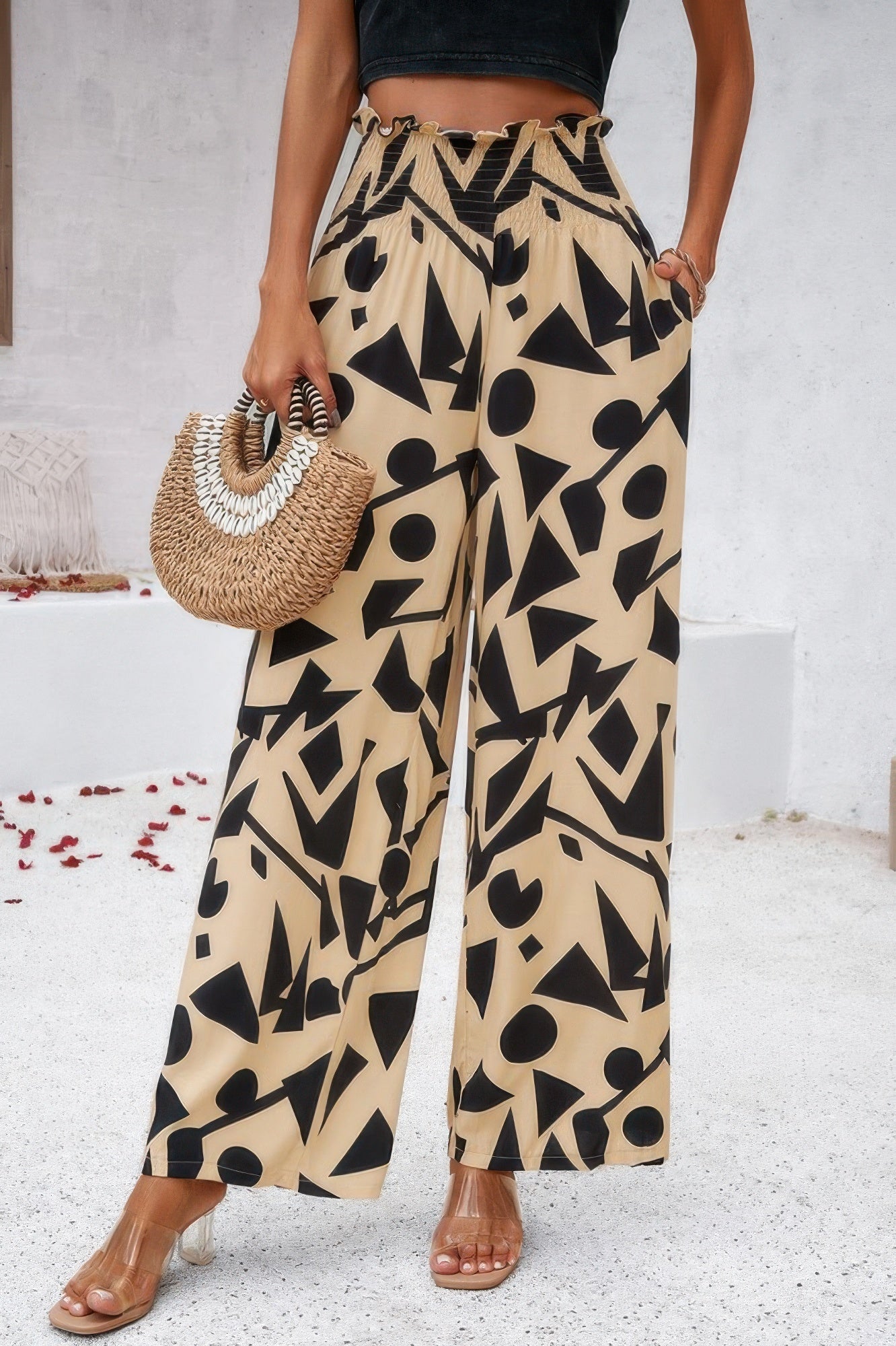 Allover Print Wide Leg Pants with Folded Frill and High Waist