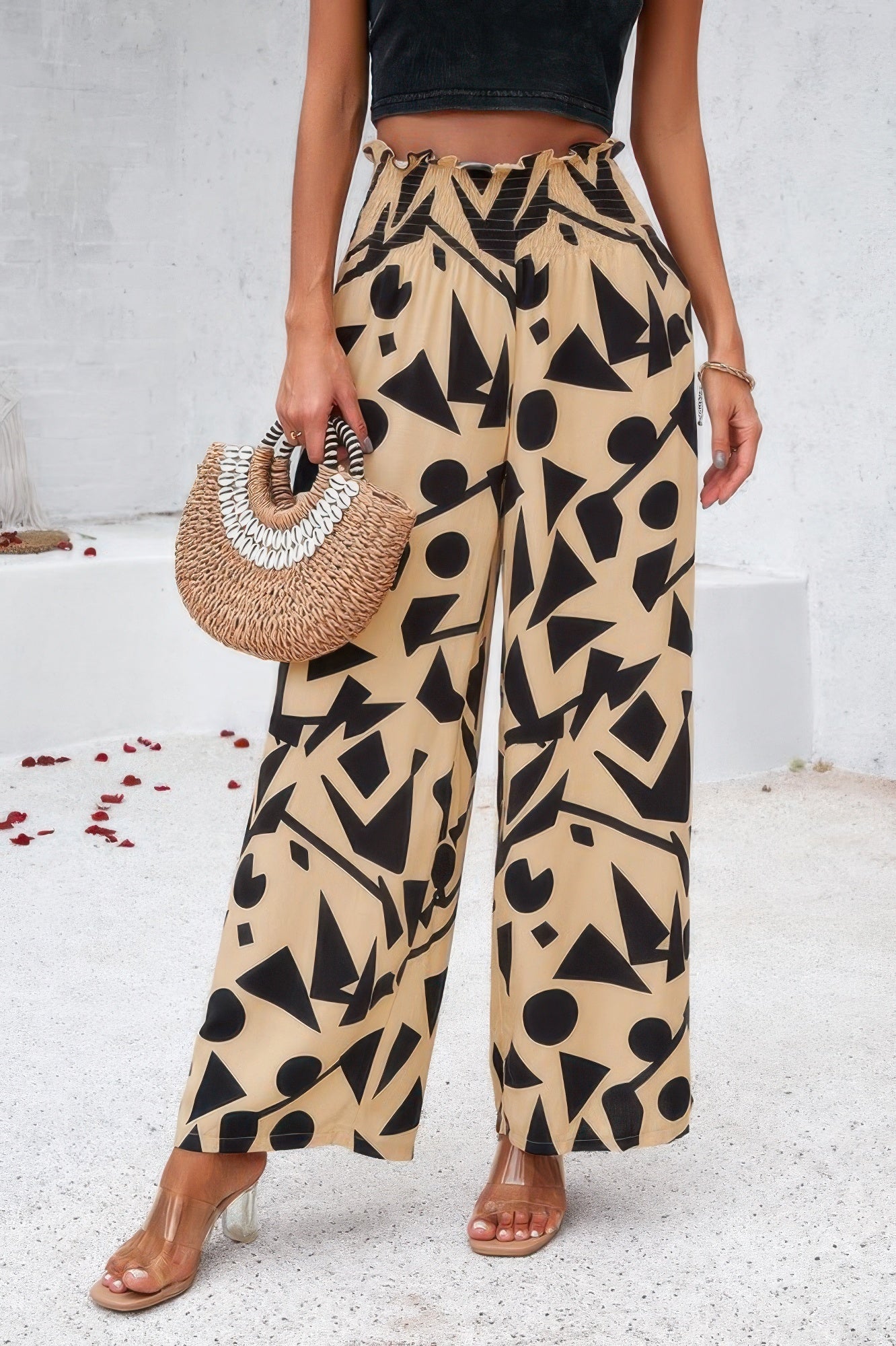 Allover Print Wide Leg Pants with Folded Frill and High Waist