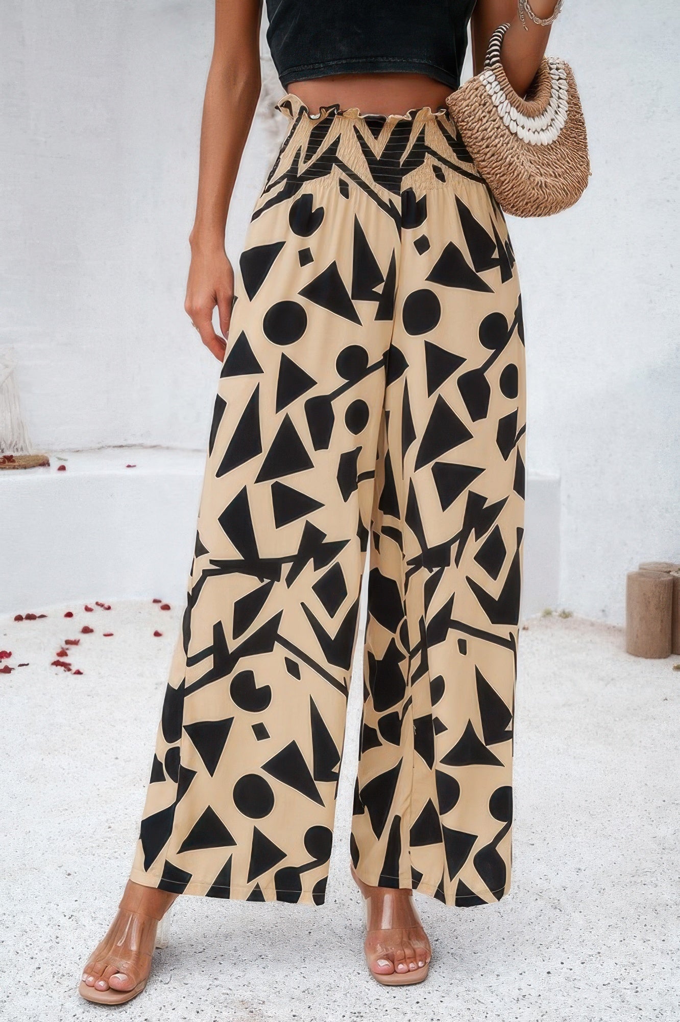 Allover Print Wide Leg Pants with Folded Frill and High Waist