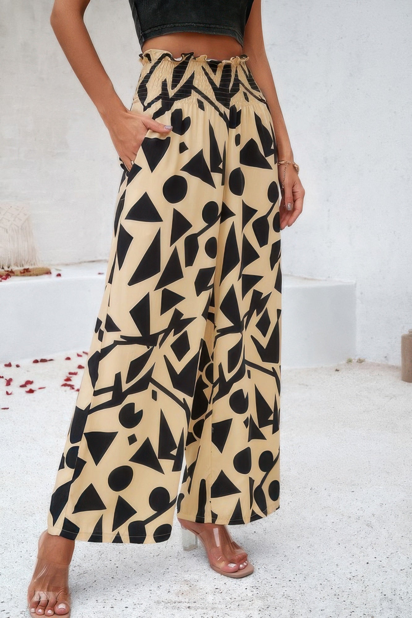 Allover Print Wide Leg Pants with Folded Frill and High Waist