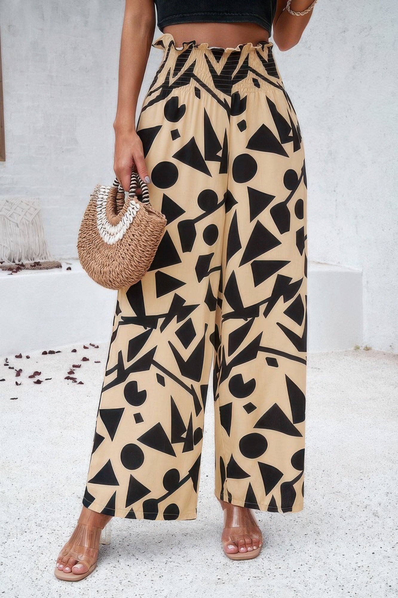 Allover Print Wide Leg Pants with Folded Frill and High Waist