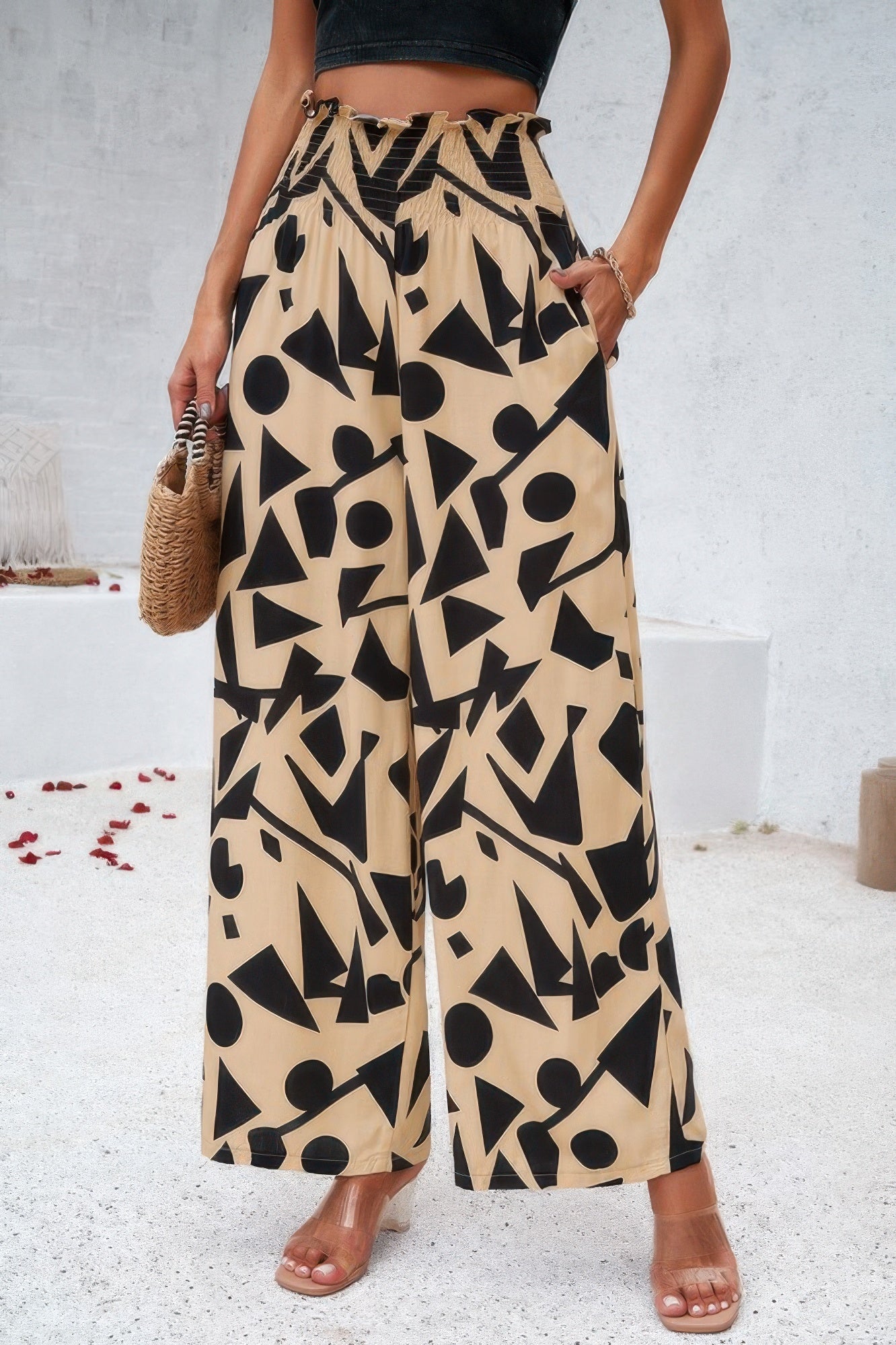Allover Print Wide Leg Pants with Folded Frill and High Waist
