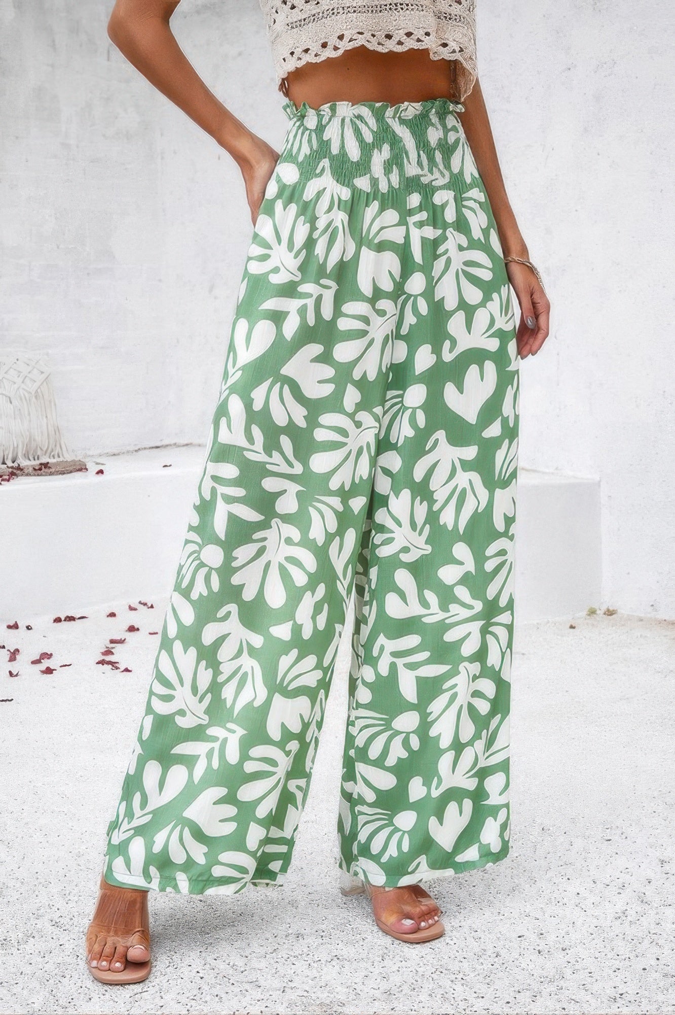 Allover Print Wide Leg Pants with Folded Frill and High Waist