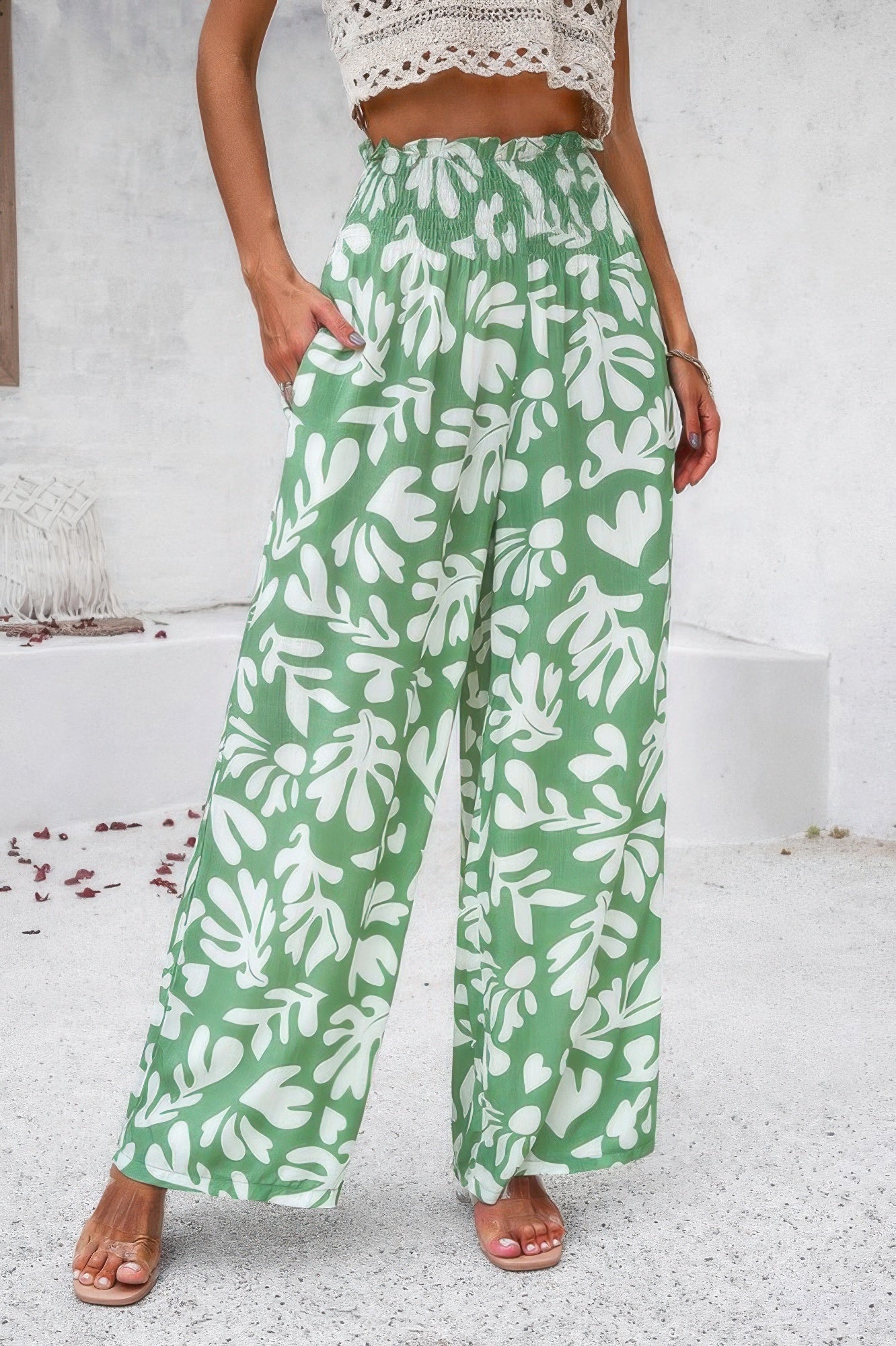 Allover Print Wide Leg Pants with Folded Frill and High Waist