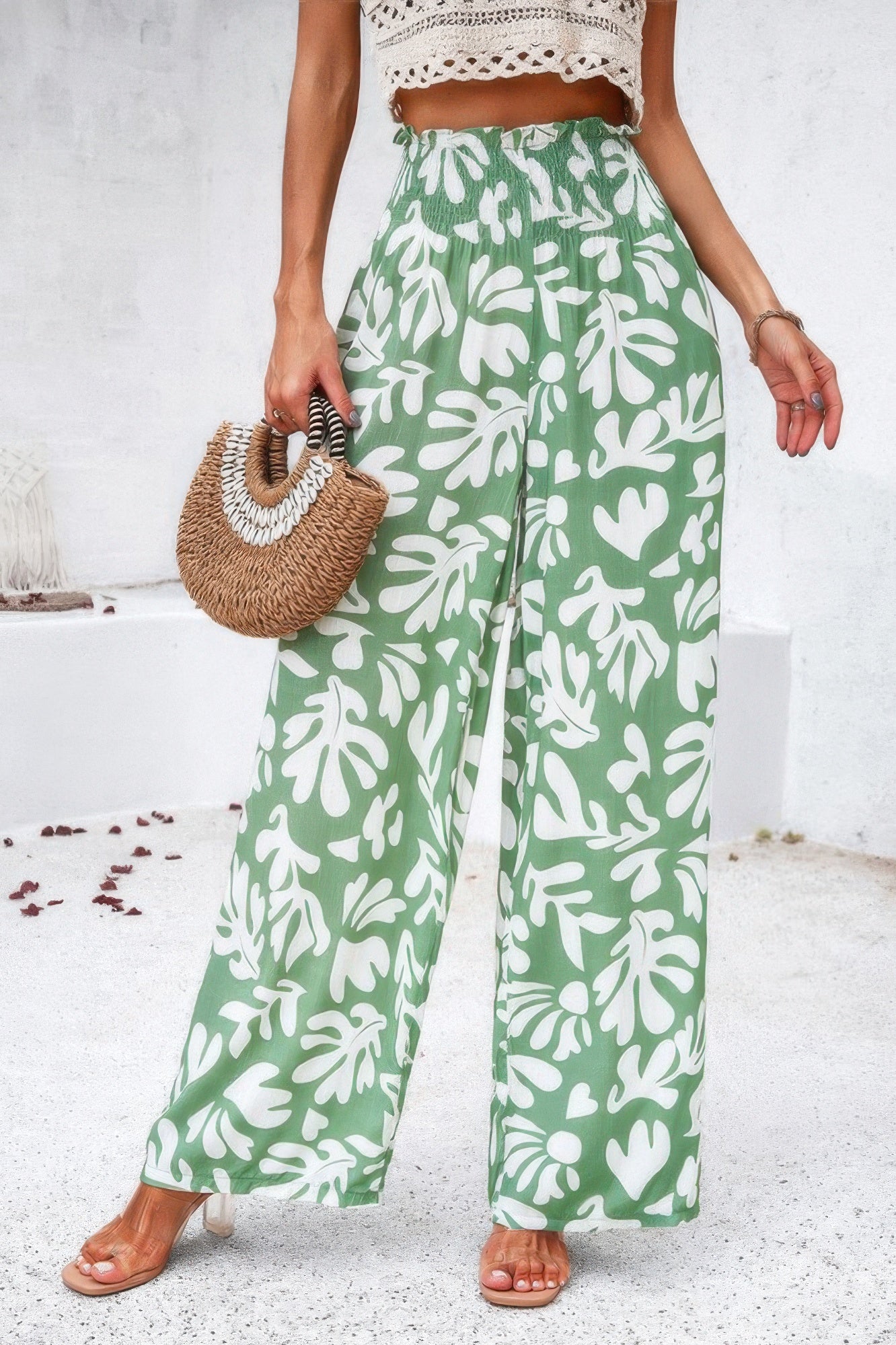 Allover Print Wide Leg Pants with Folded Frill and High Waist