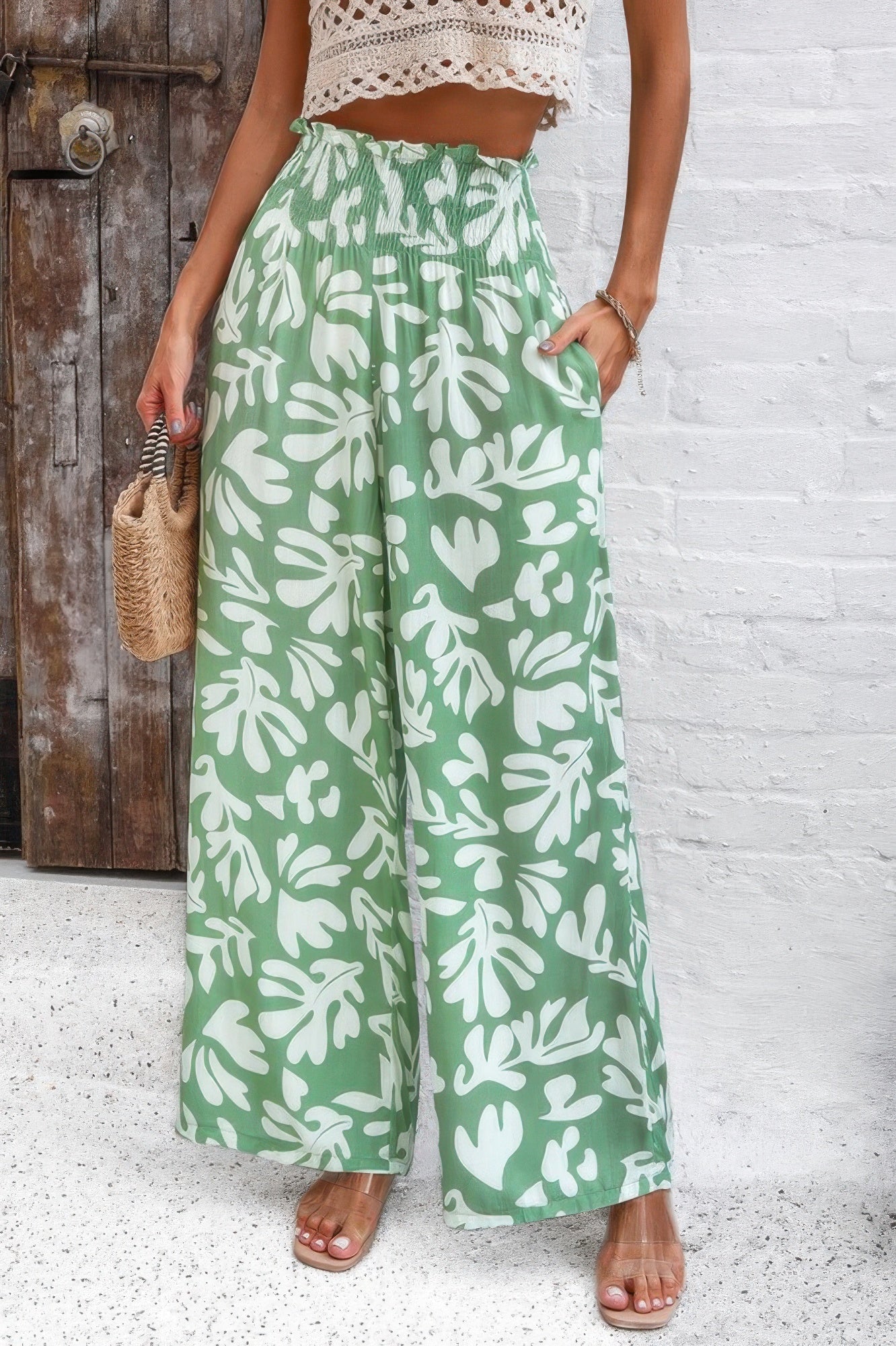 Allover Print Wide Leg Pants with Folded Frill and High Waist