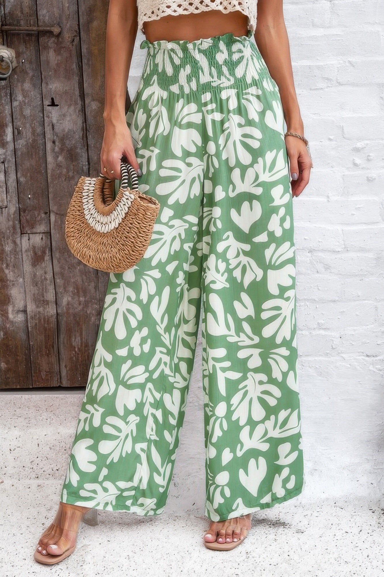Allover Print Wide Leg Pants with Folded Frill and High Waist