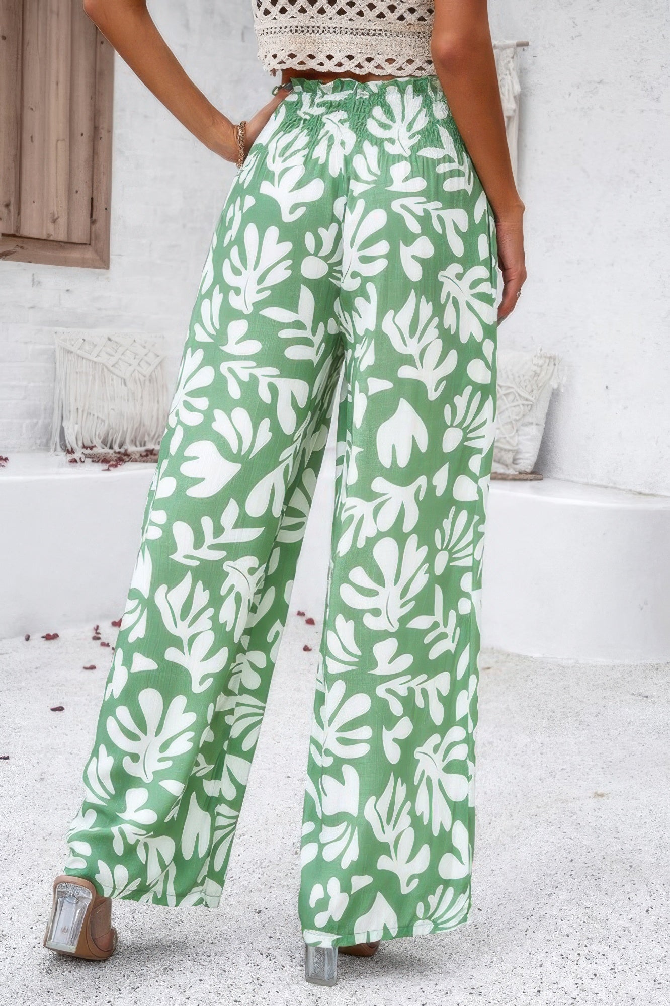 Allover Print Wide Leg Pants with Folded Frill and High Waist