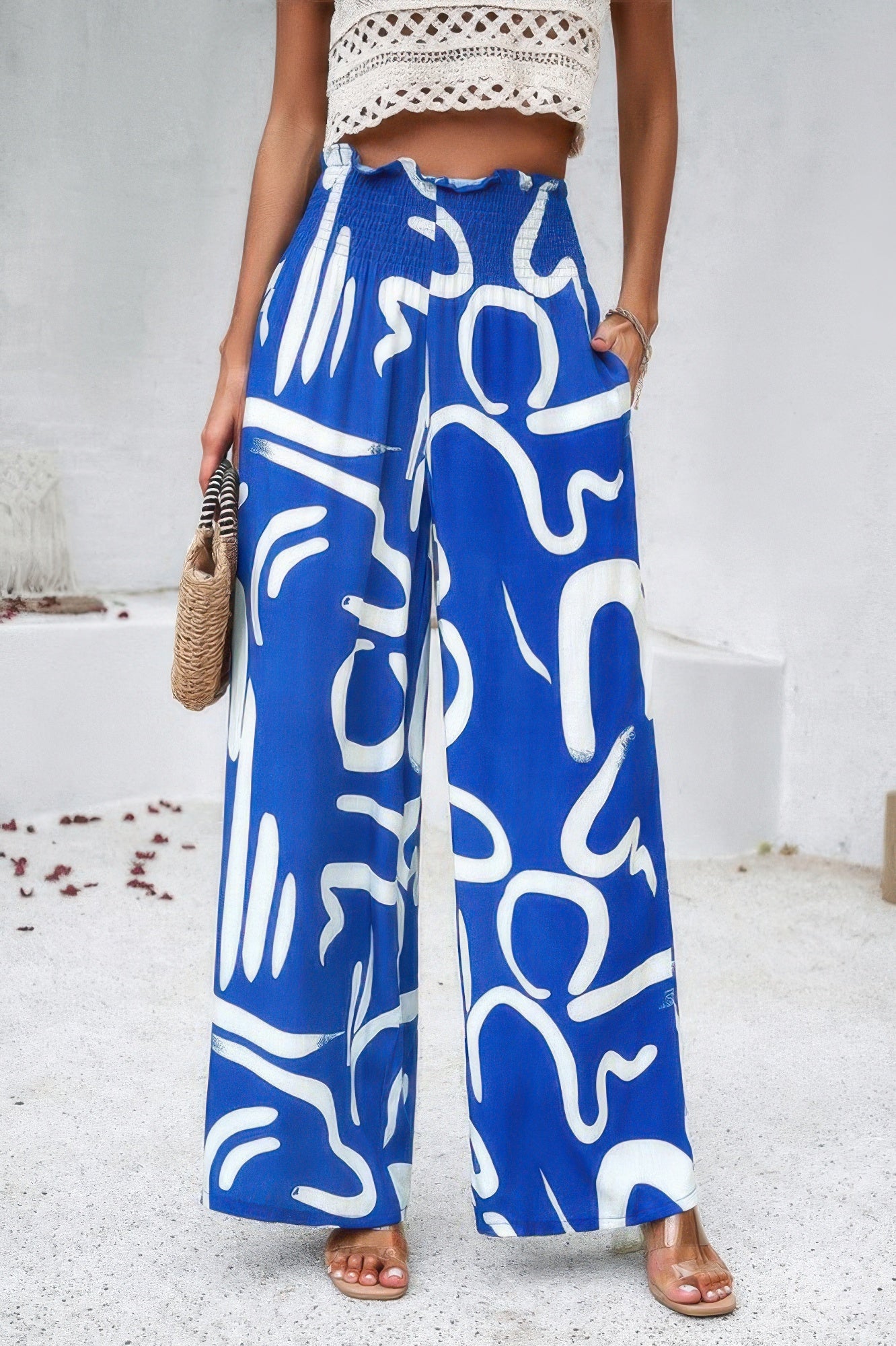 Allover Print Wide Leg Pants with Folded Frill and High Waist