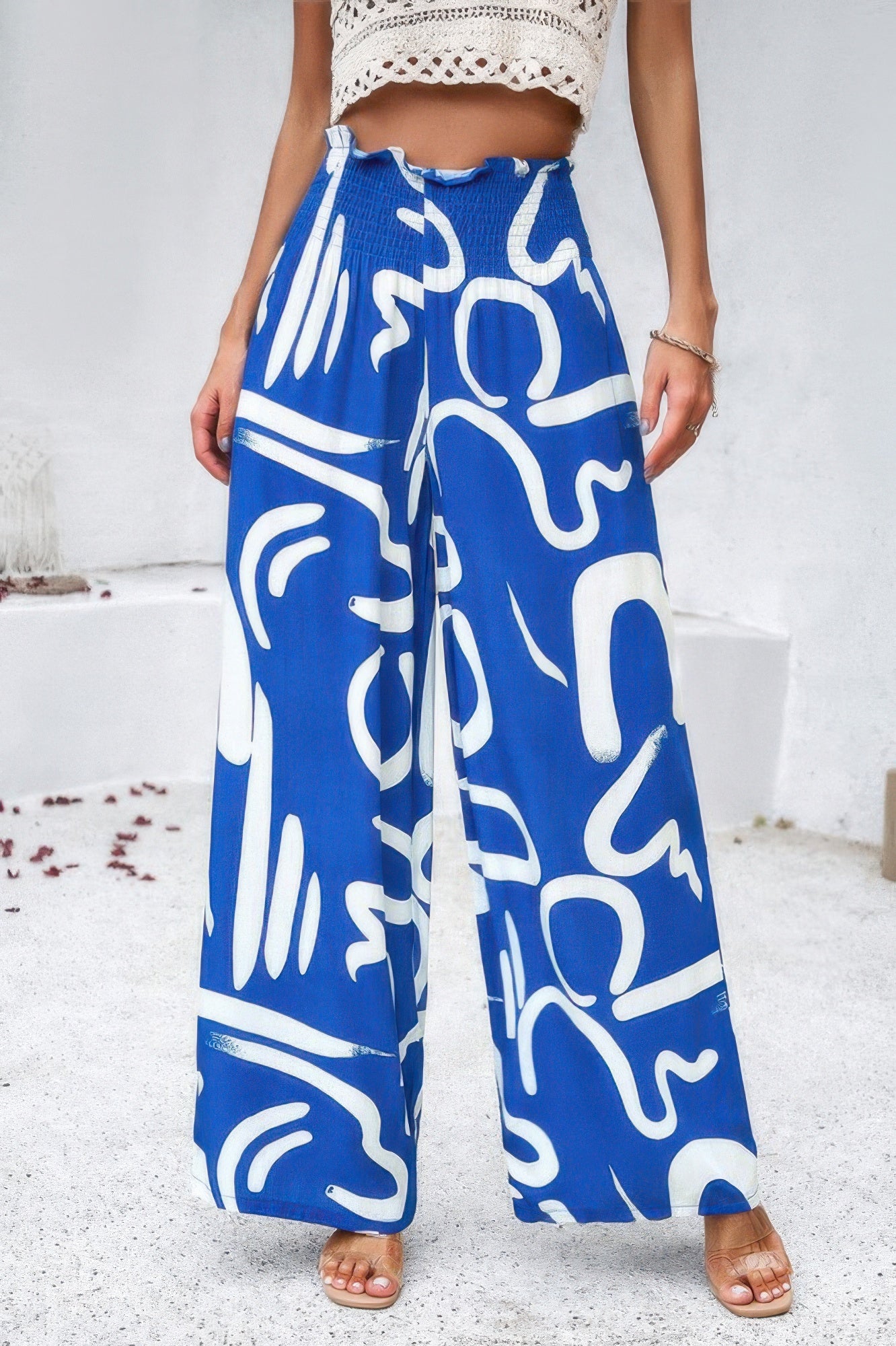Allover Print Wide Leg Pants with Folded Frill and High Waist