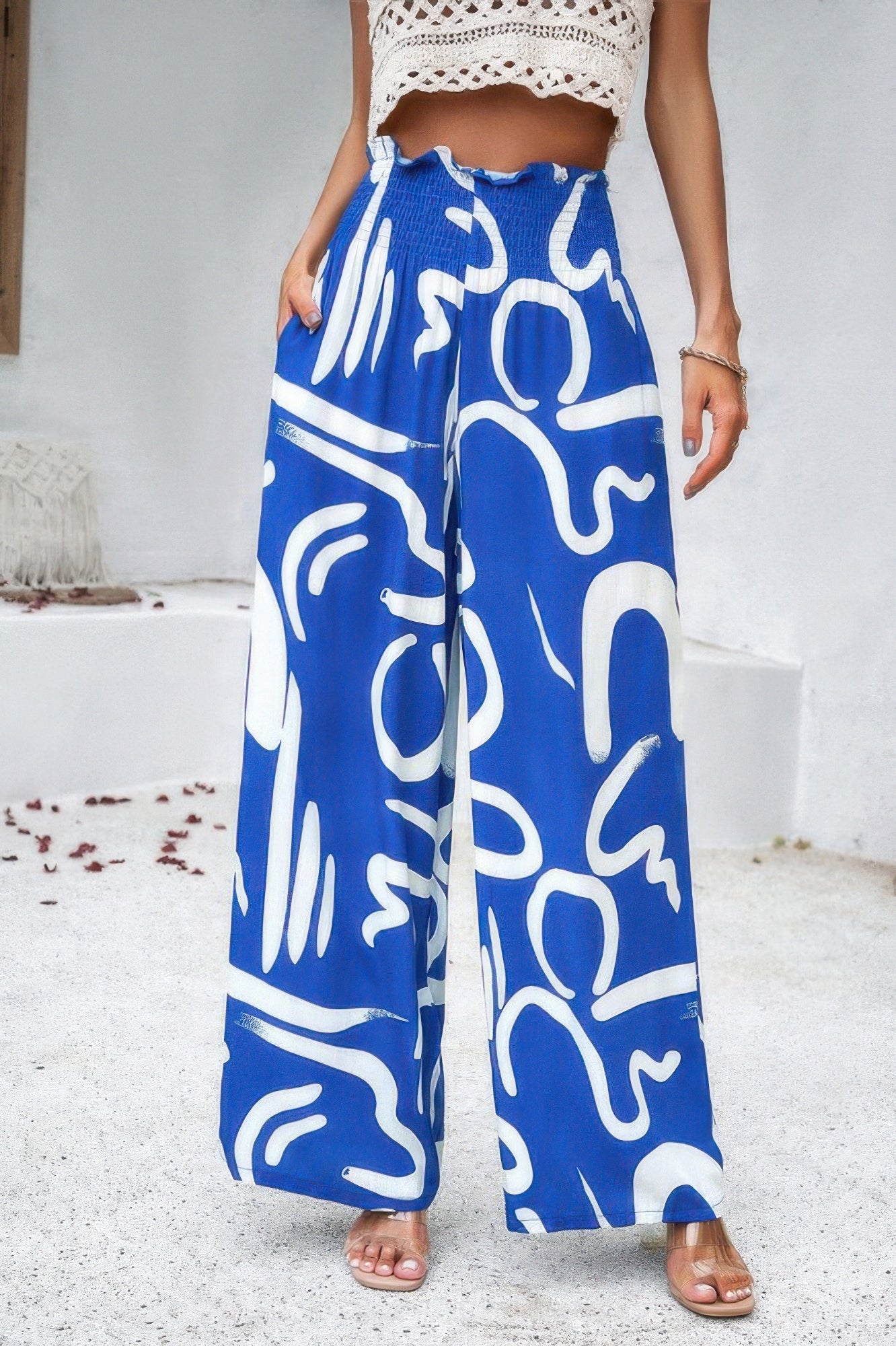 Allover Print Wide Leg Pants with Folded Frill and High Waist