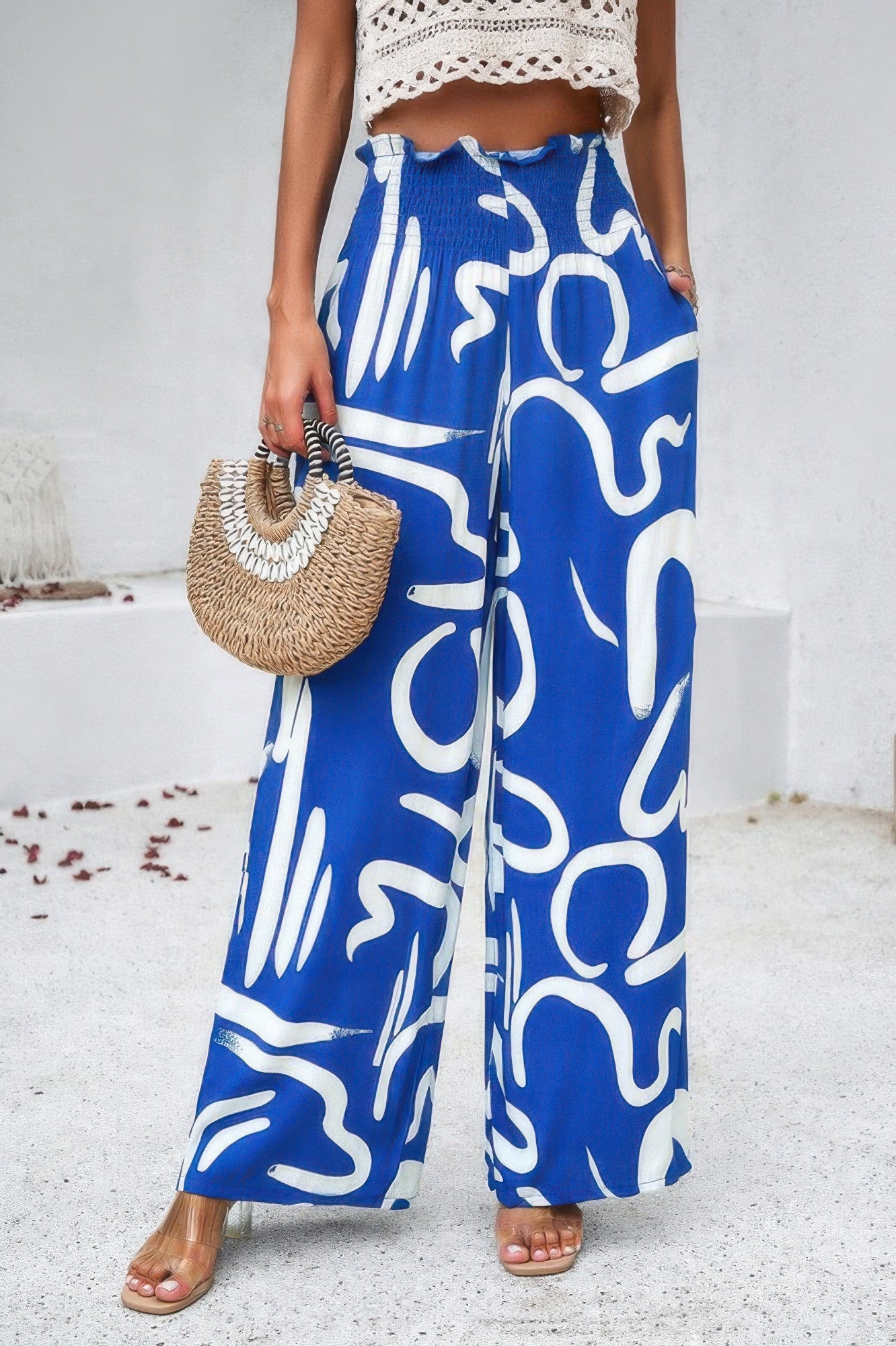 Allover Print Wide Leg Pants with Folded Frill and High Waist