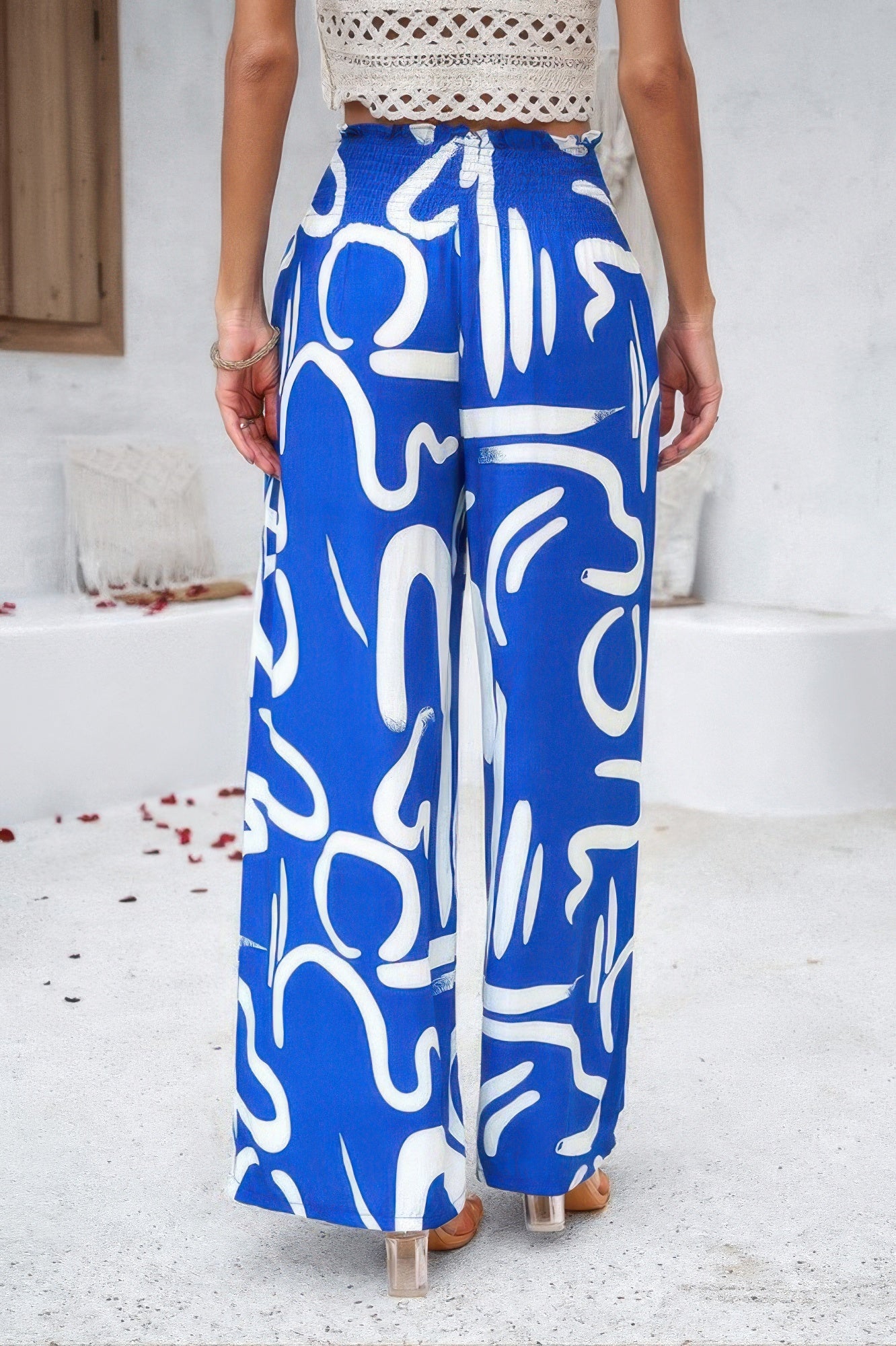 Allover Print Wide Leg Pants with Folded Frill and High Waist