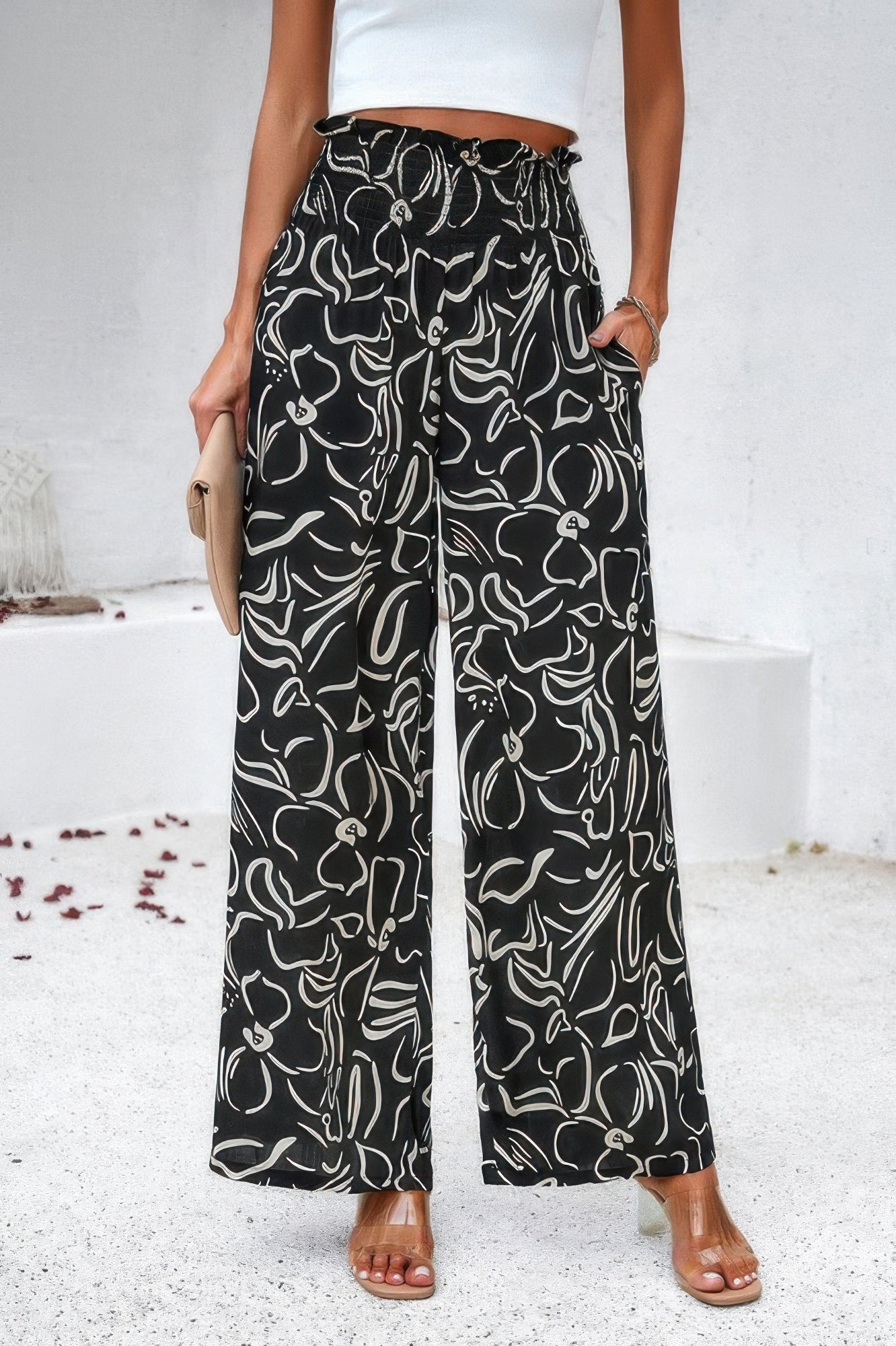 Allover Print Wide Leg Pants with Folded Frill and High Waist