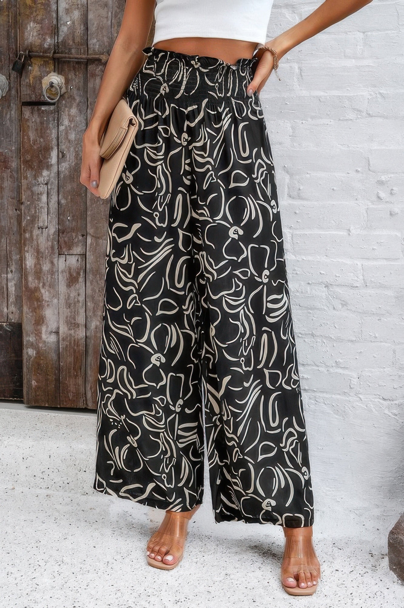 Allover Print Wide Leg Pants with Folded Frill and High Waist