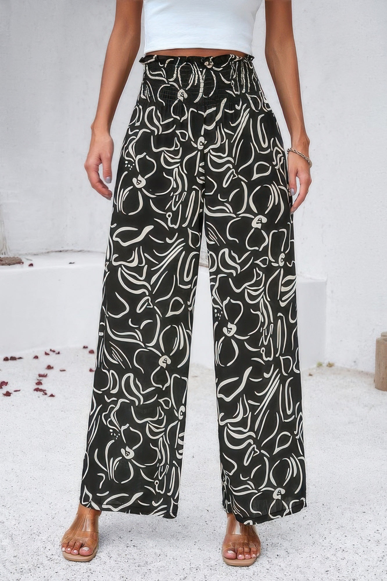 Allover Print Wide Leg Pants with Folded Frill and High Waist