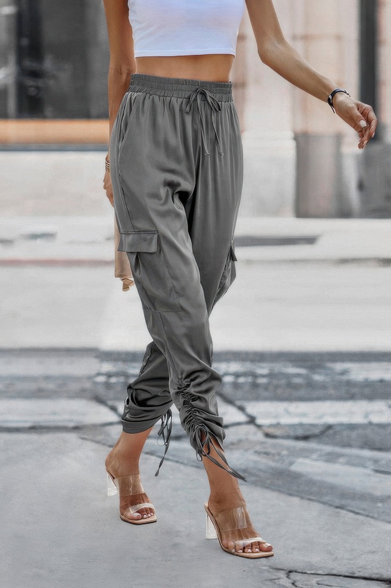 Solid Drawstring Side Stacked Pant with Hem Flap Pocket
