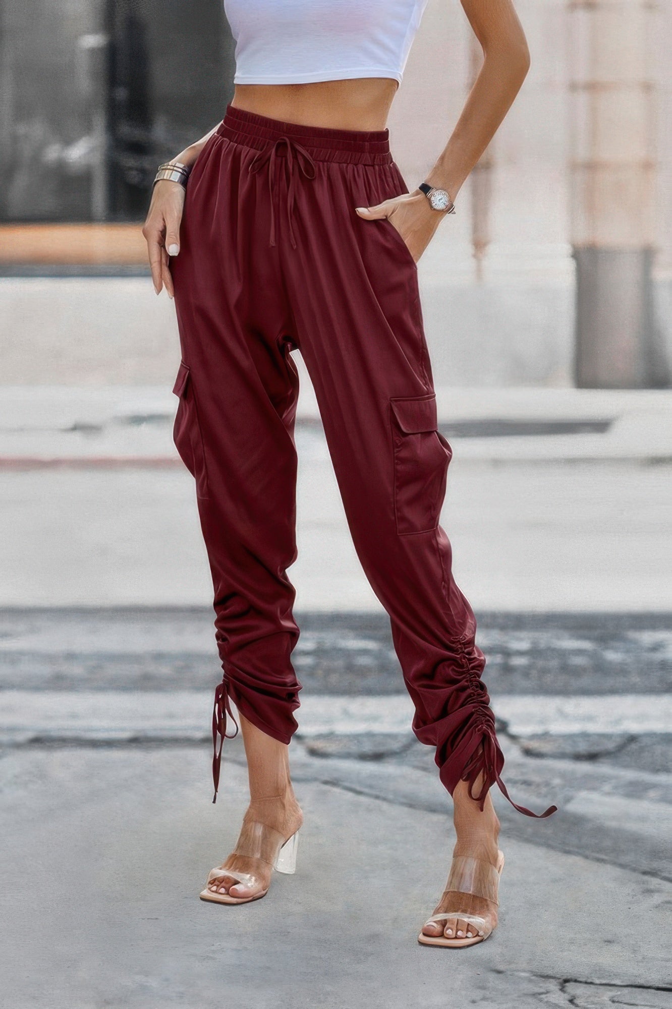 Solid Drawstring Side Stacked Pant with Hem Flap Pocket