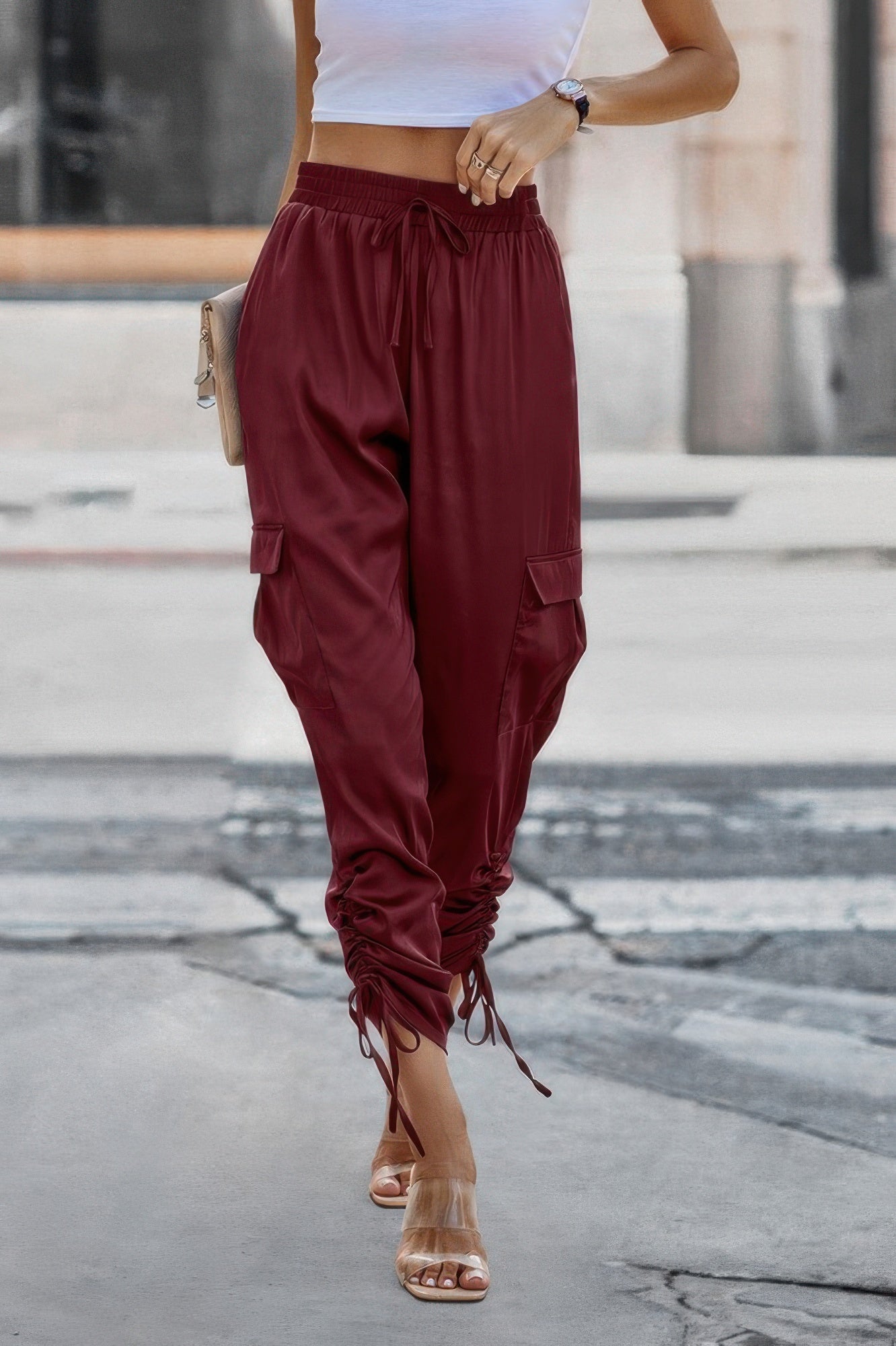Solid Drawstring Side Stacked Pant with Hem Flap Pocket