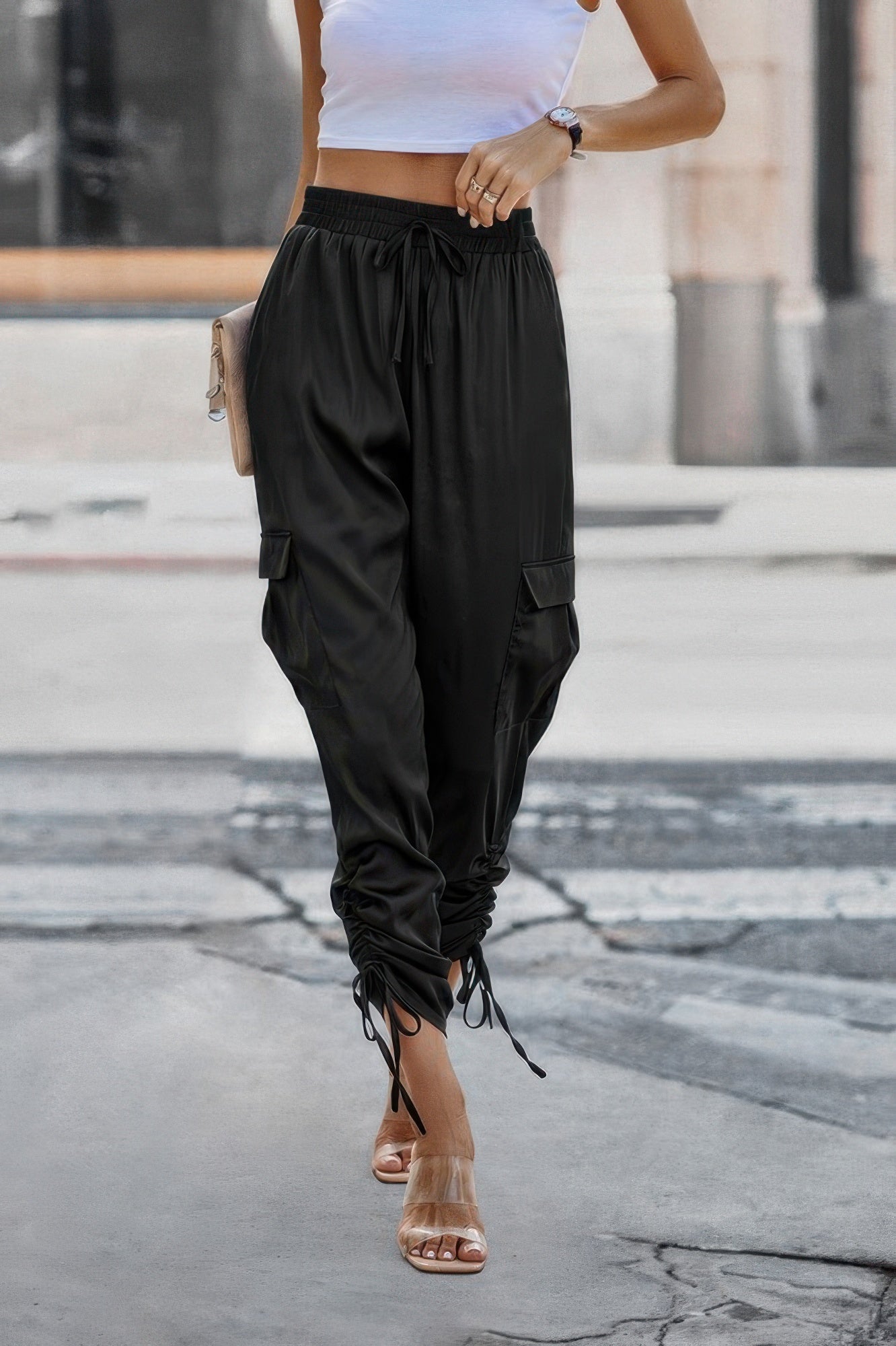 Solid Drawstring Side Stacked Pant with Hem Flap Pocket