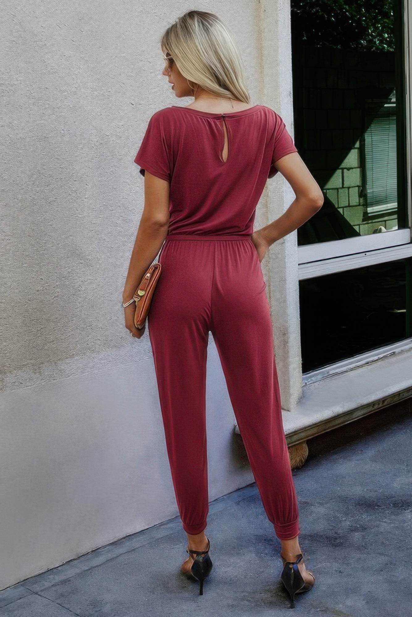 Slant Shoulder Short Sleeve Stretch Jumpsuit