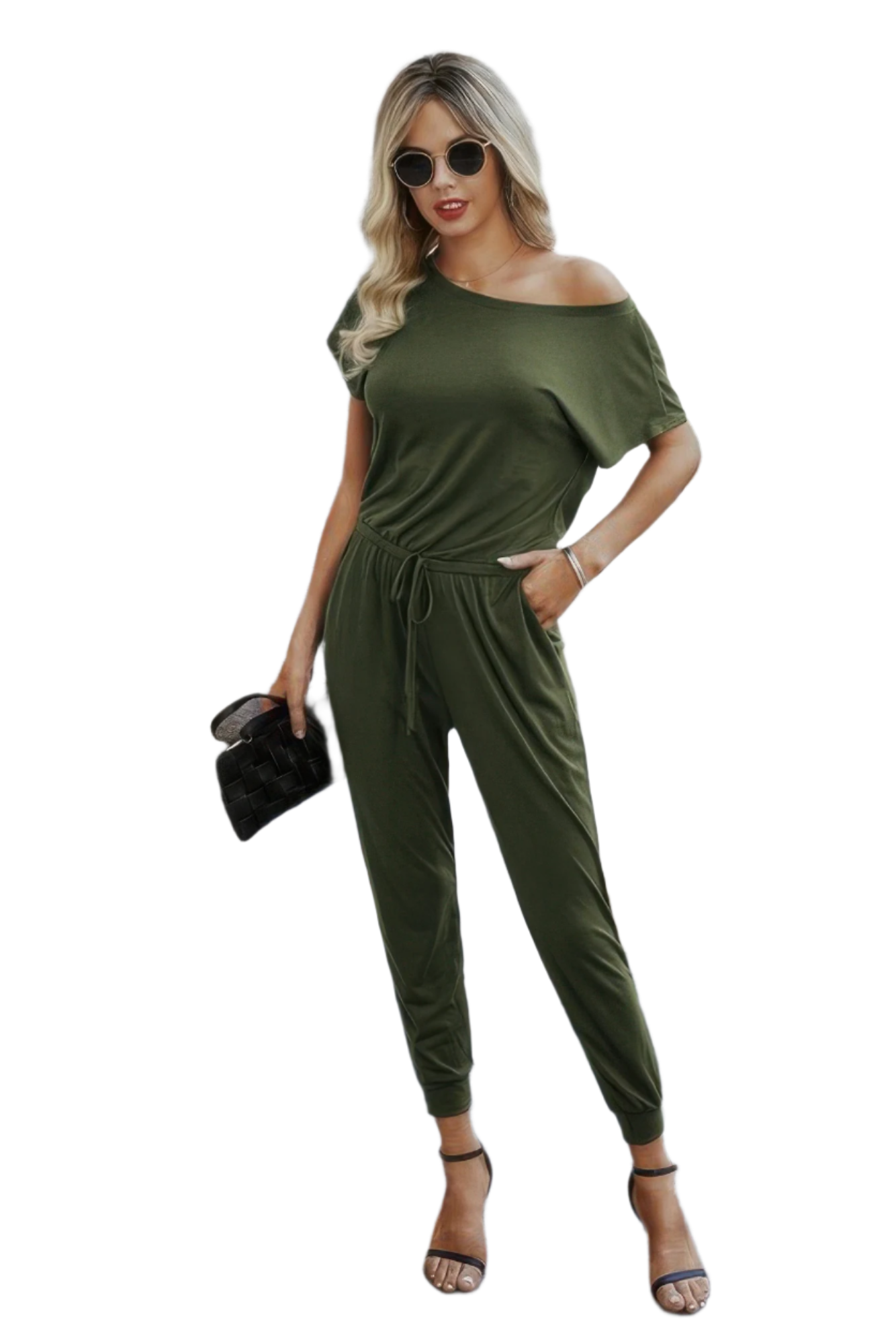 Slant Shoulder Short Sleeve Stretch Jumpsuit