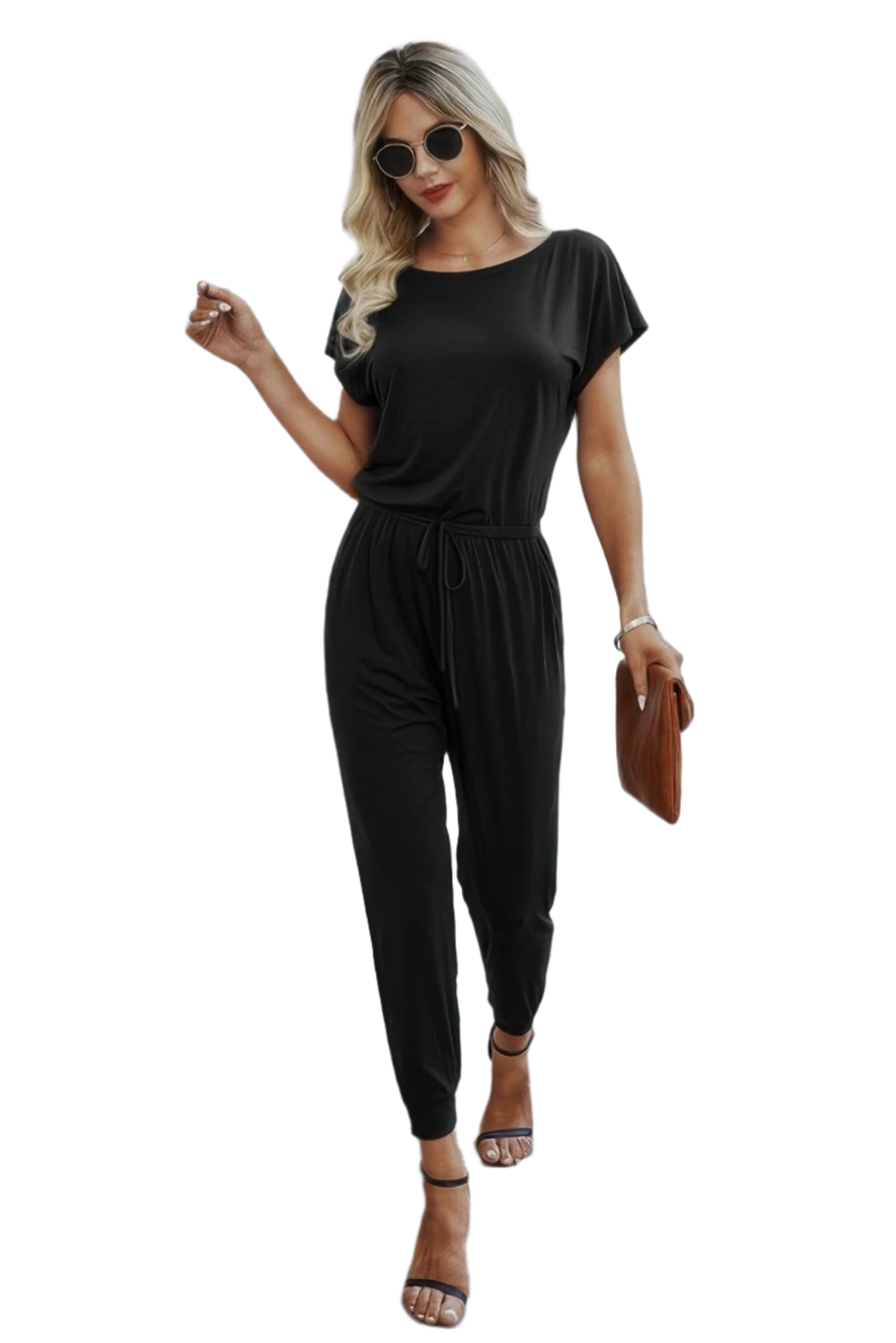 Slant Shoulder Short Sleeve Stretch Jumpsuit