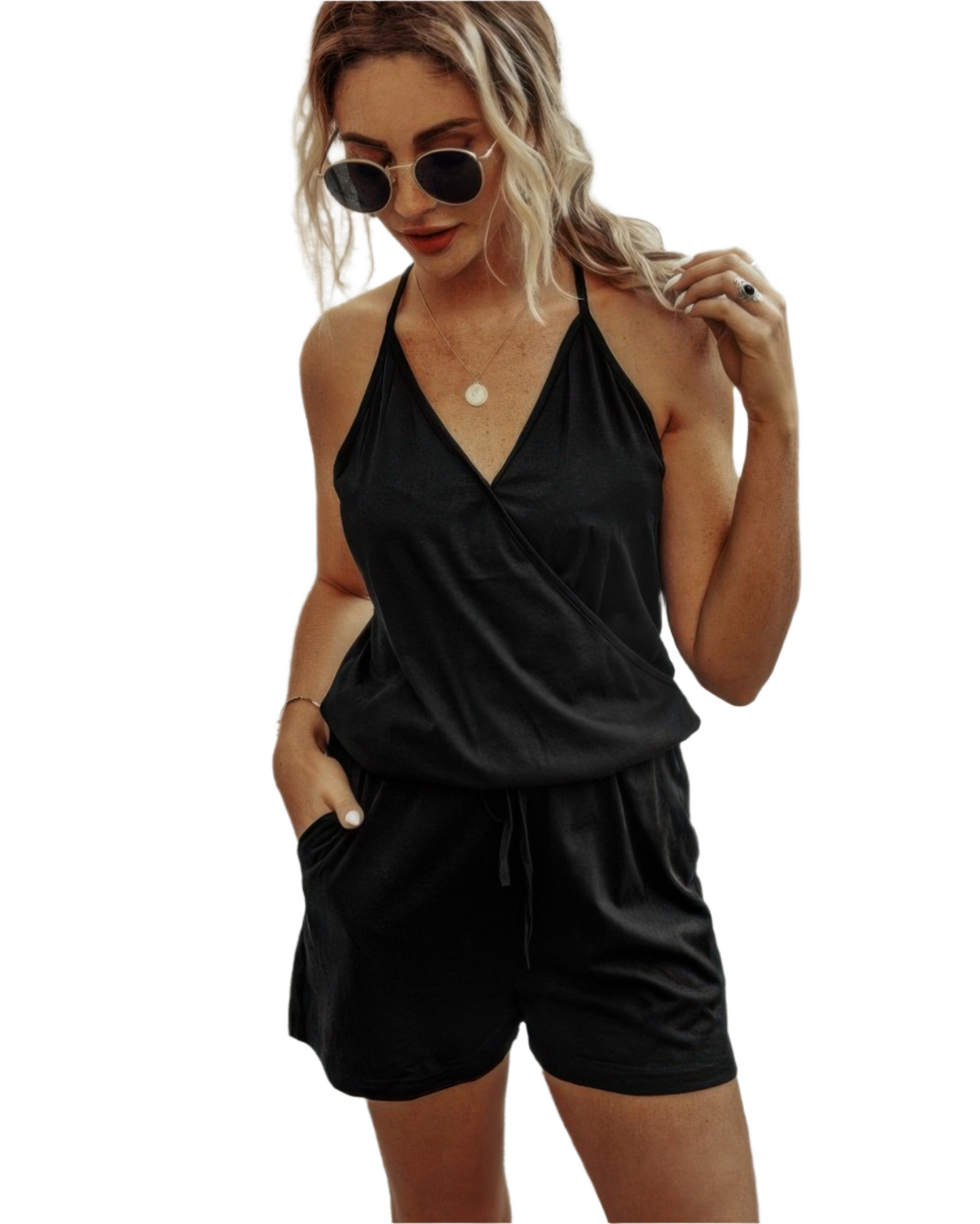 Button Front Cami Romper with Spaghetti Straps