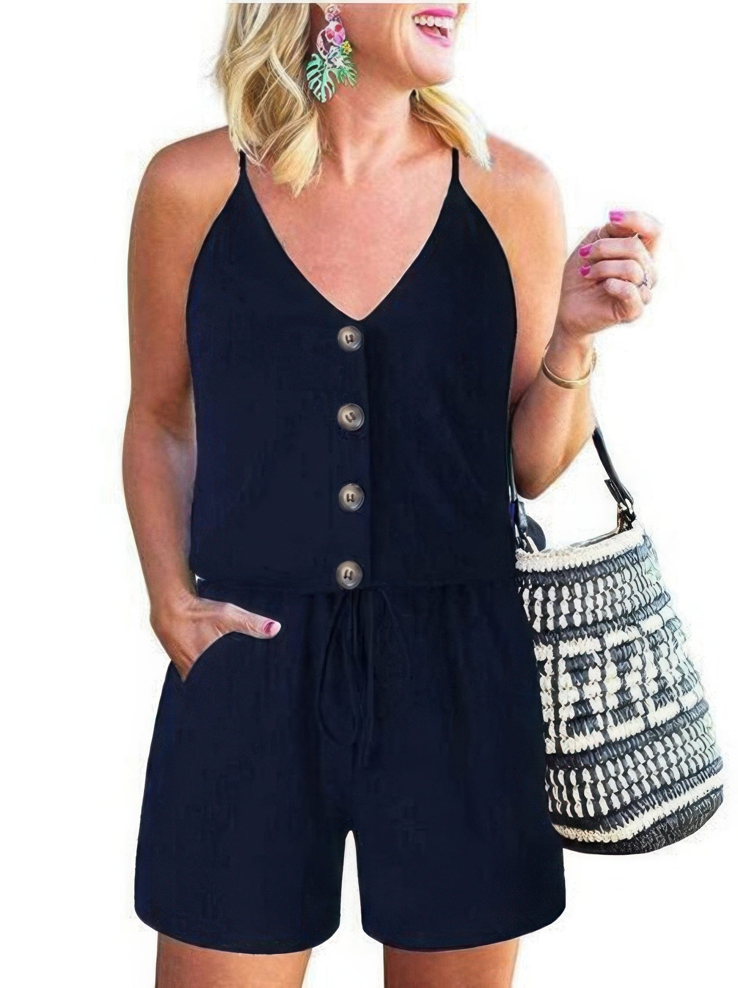 Button Front Cami Romper with Spaghetti Straps