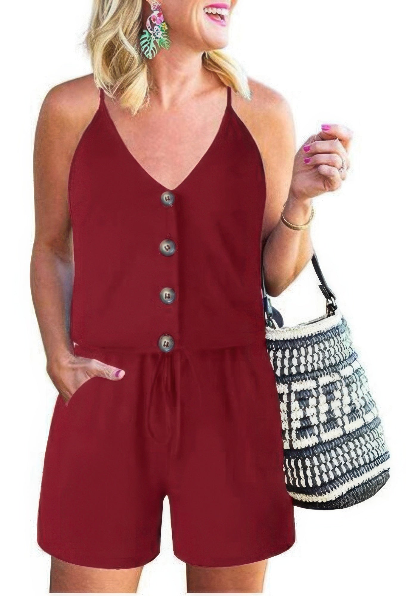 Button Front Cami Romper with Spaghetti Straps