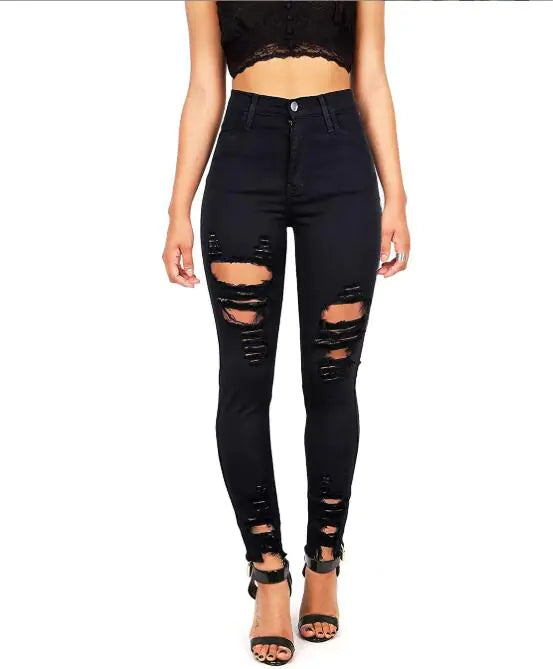 Black Ripped High Waist Skinny Jeans with Slash Pockets