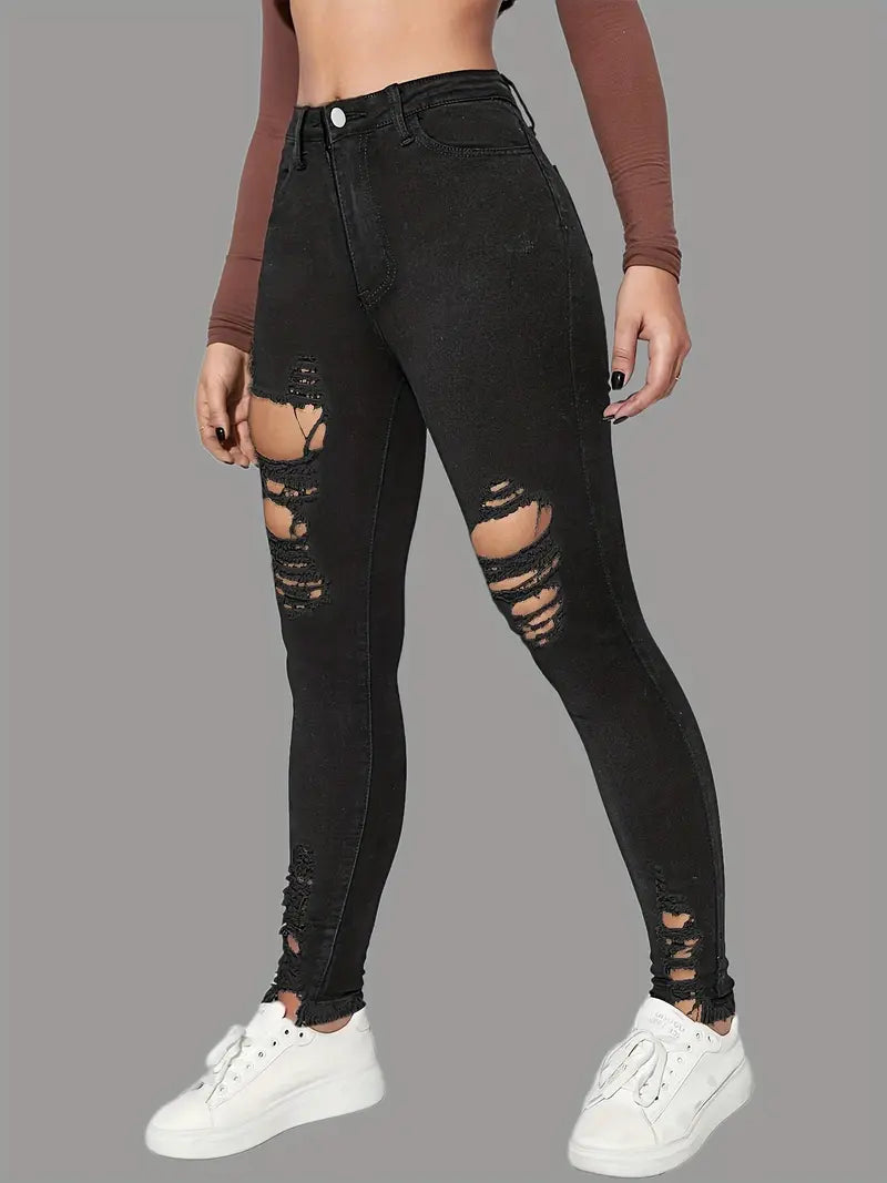 Black Ripped High Waist Skinny Jeans with Slash Pockets