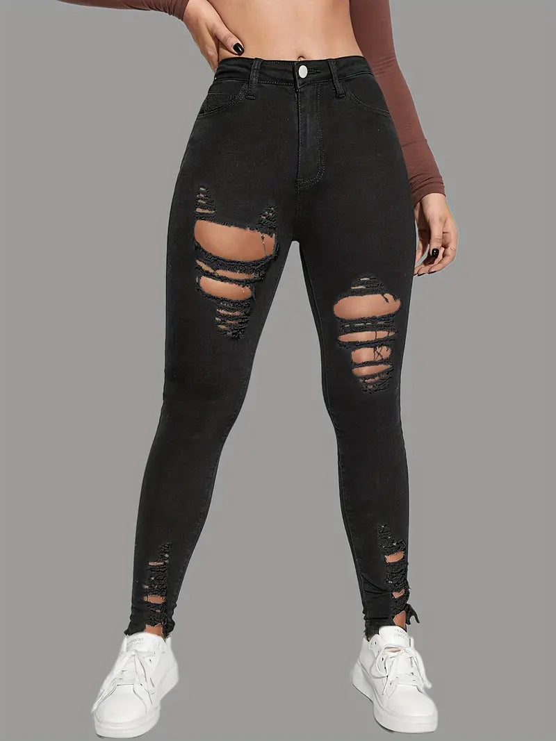 Black Ripped High Waist Skinny Jeans with Slash Pockets