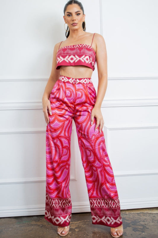 Cherry Luxe Satin Bandeau & Wide Leg Pant Set