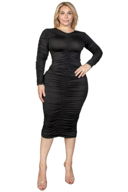 Plus Size Ruched Long Sleeve Midi Dress