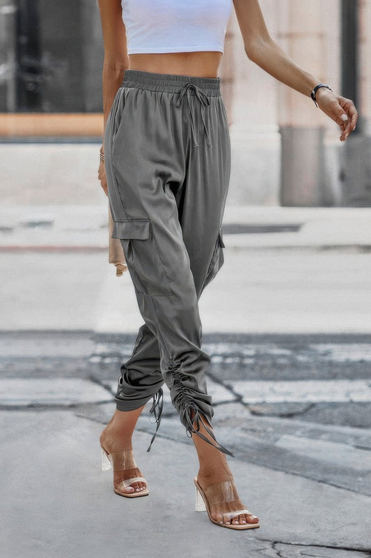Solid Drawstring Side Stacked Pant with Hem Flap Pocket