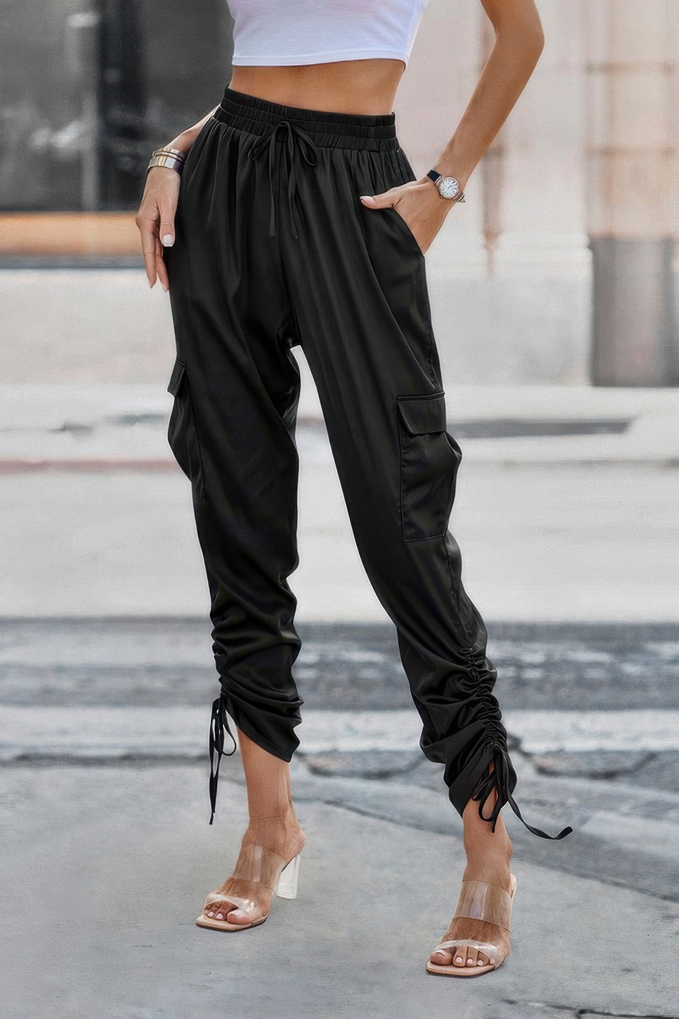 Solid Drawstring Side Stacked Pant with Hem Flap Pocket