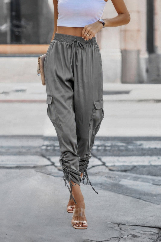 Solid Drawstring Side Stacked Pant with Hem Flap Pocket