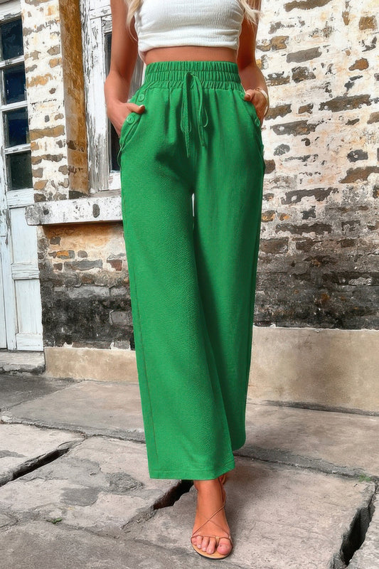Solid Elegant Wide Leg Drawstring Pants with Pockets